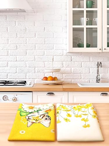 Miniatura 7 de Bencailor 4 toallas de cocina para gatos, diseño floral amarillo, lindo gatito, toallas de secado rápido, paño decorativo de té para inauguración