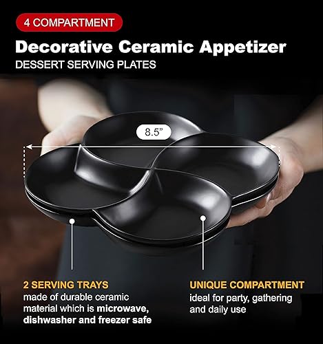 Miniatura 4 de Bruntmor Bandeja apilable de cerámica de 8.5 pulgadas de 4 secciones en color negro  Juego de 2 platos de aperitivos, embutidos, alimentos,
