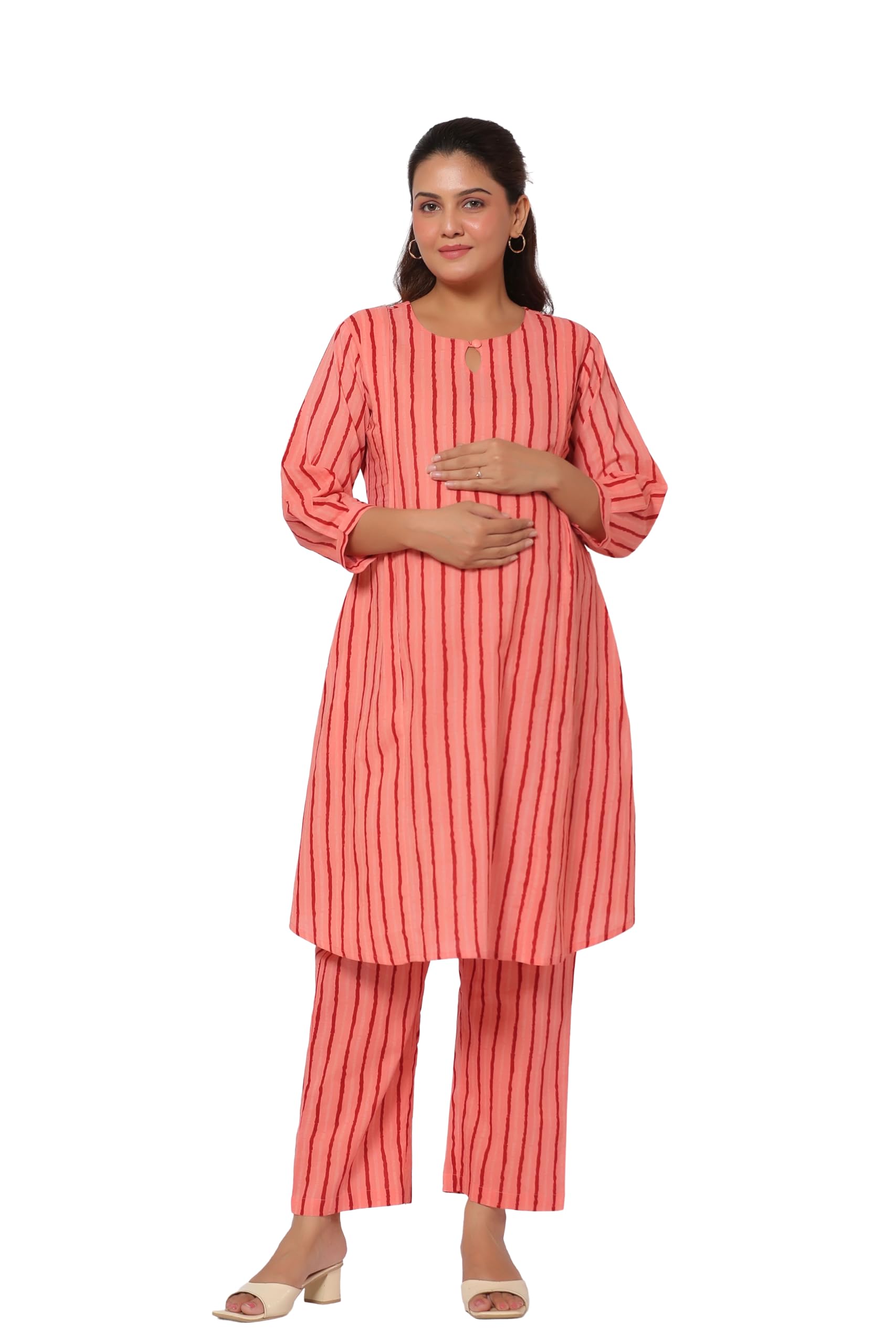 Pre & Post Maternity/Nursing Wear Hand Printed Night Suits/Dress Co-ord Set with Both Sides Zipper for Easy Feeding for to Be Moms & Nursing Mothers Pure Cotton Blushing Peach-image-3