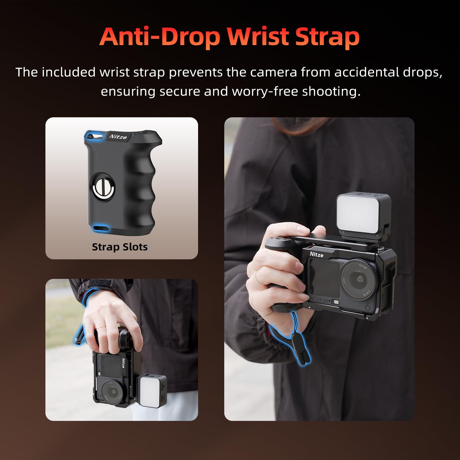 Nitze Käfig-Griffset für DJI Osmo Action 6, Kamera Streetfotografie Griff mit Action 6 Metallkäfig, Seitengriff, Handgelenkband und Cold Shoe-Auslöser für Stativ, Selfie Stick– T-D07B