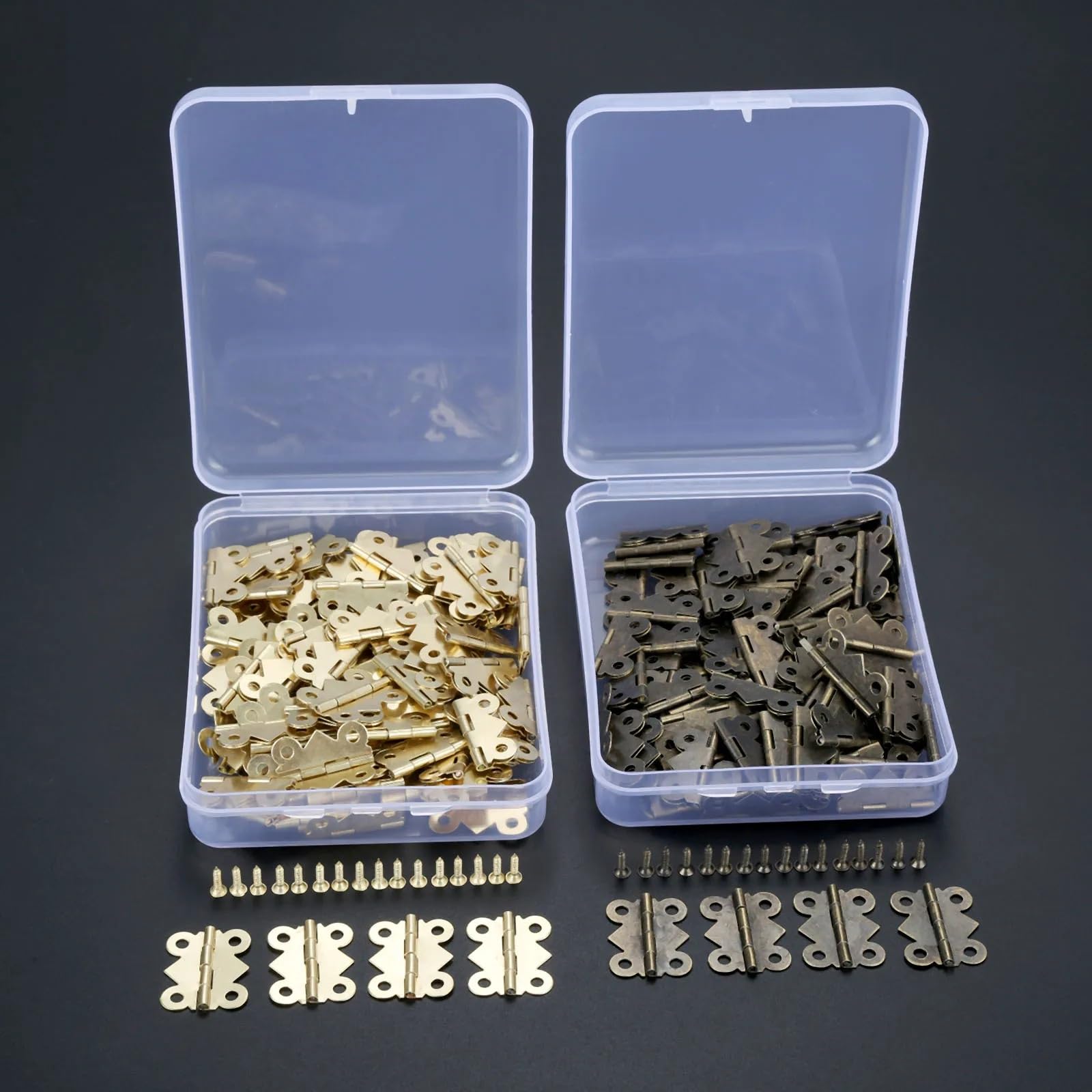 DRELD 100pcs 25x20mm Mini Butterfly Door Hinge Cabinet Jewellery Box Decorative Hinges Furniture Hardware +Screws+Storage(Gold)