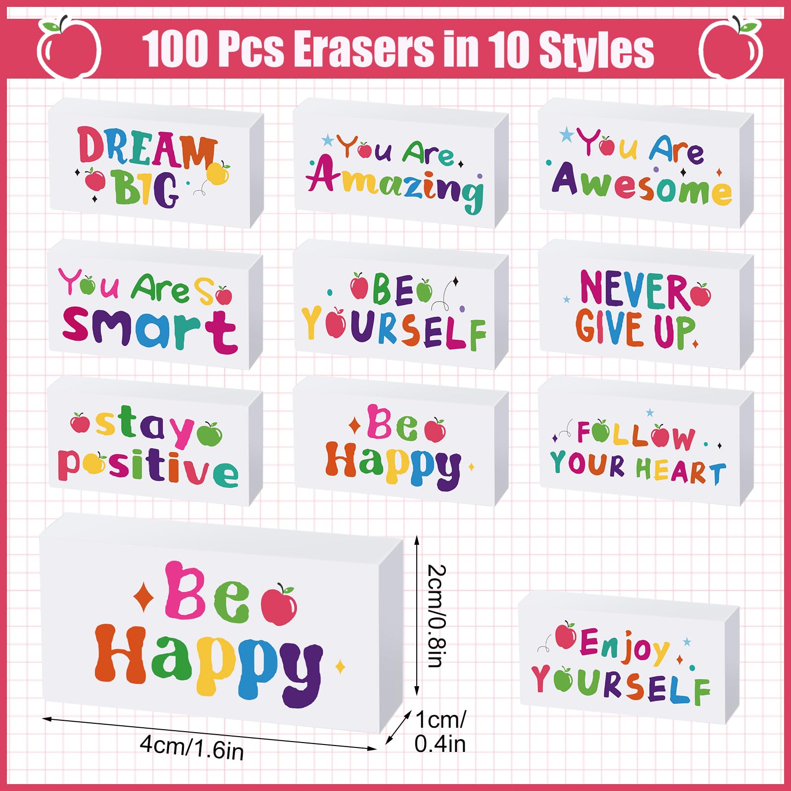 100 Stück inspirierende Bleistift-Radiergummis, weiß, motivierender Radiergummi für Kinder, lustige Radiergummis, Großpackung für Studenten, Lehrer, Preis, Belohnung, Schulanfang, Bürobedarf