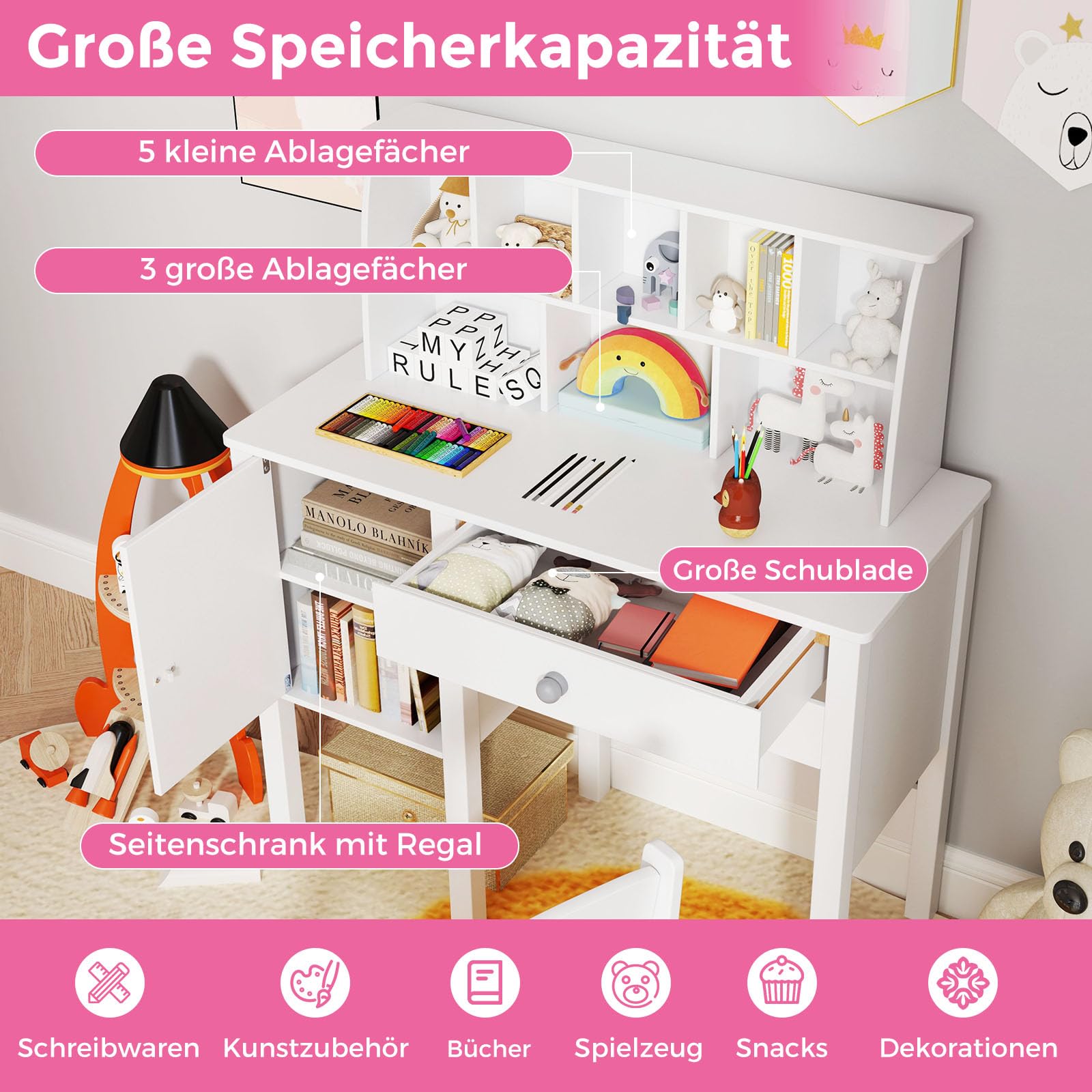 COSTWAY Kinderschreibtisch-Set Mit Stuhl – Aus Holz, Mit Schublade & Regal, 85 Cm (Weiß)