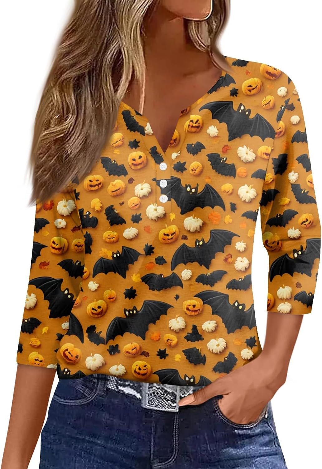 Womens 3/4 Sleeve Tops Halloween Fall Button V Neck Graphic Shirts | Fall Top for Women, Casual T-Shirt, Loose Fit Cute Tees, Halloween Holiday Apparel