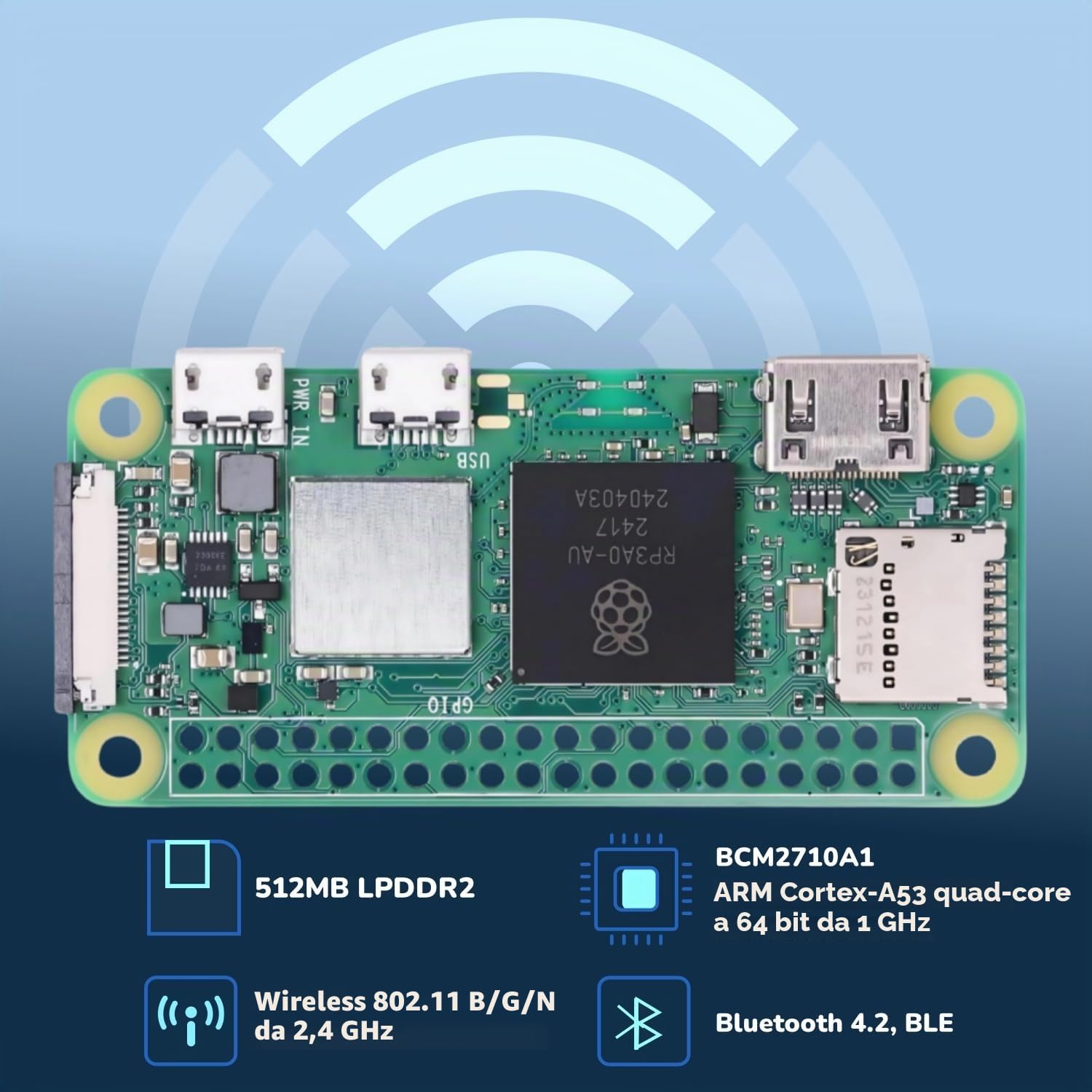 RasTech Raspberry Pi Zero 2W Kit con Pin Header, Dissipatore di Calore in Alluminio, Cavo Micro USB OTG, Mini Adattatore HDMI-HDMI (con CPU Quad-Core, Bluetooth 4.2, BLE, Antenna integrata ecc.)
