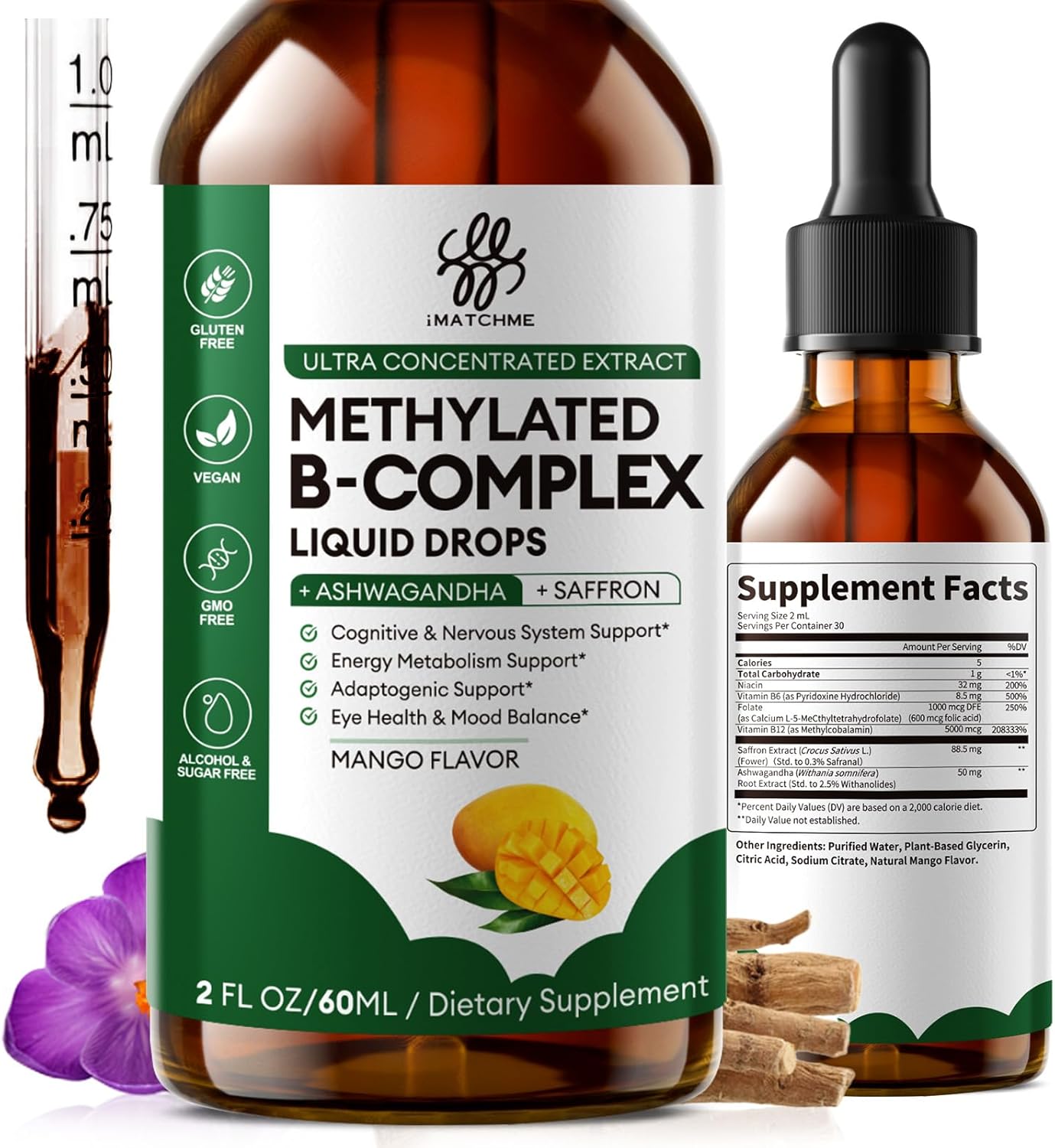 iMATCHME Methylated B Complex Liquid Drops - Max Absorption L-Methylfolate (L-5-MTHF), Vitamin B12 Methylcobalamin, B6 - with Ashwagandha & Saffron for Energy, Focus & Brain Health - Vegan, 2 Fl Oz