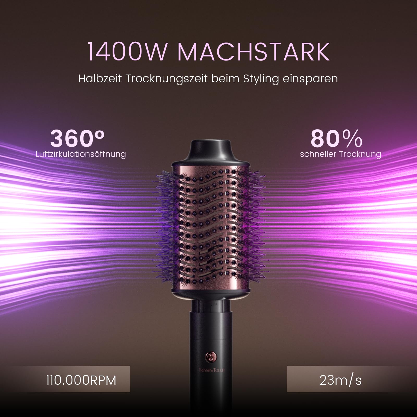 Hairstyler 6 In 1 Airstyler Haarstyler mit Rundbürstenföhn, Airflow Lockenstab Automatisch, Volumen Föhnbürste, Haartrockner, 110000RMP, 1400W Airwrap für Locken, Volumen, Glätten, Trocknen, Rose Gold