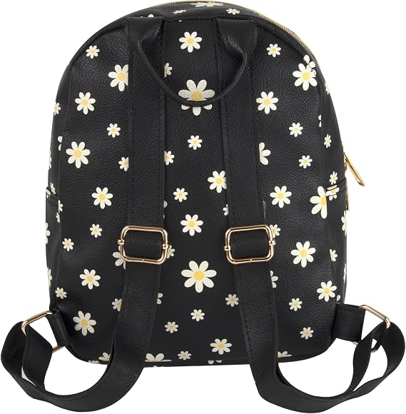Jessica Simpson Waterproof Mini Vegan Leather Backpack Purse for Women, Travel, Work (Black Daisies)