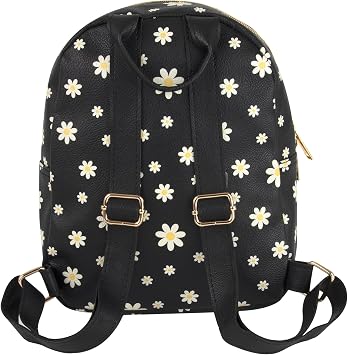 Jessica Simpson Waterproof Mini Vegan Leather Backpack Purse for Women, Travel, Work (Black Daisies)