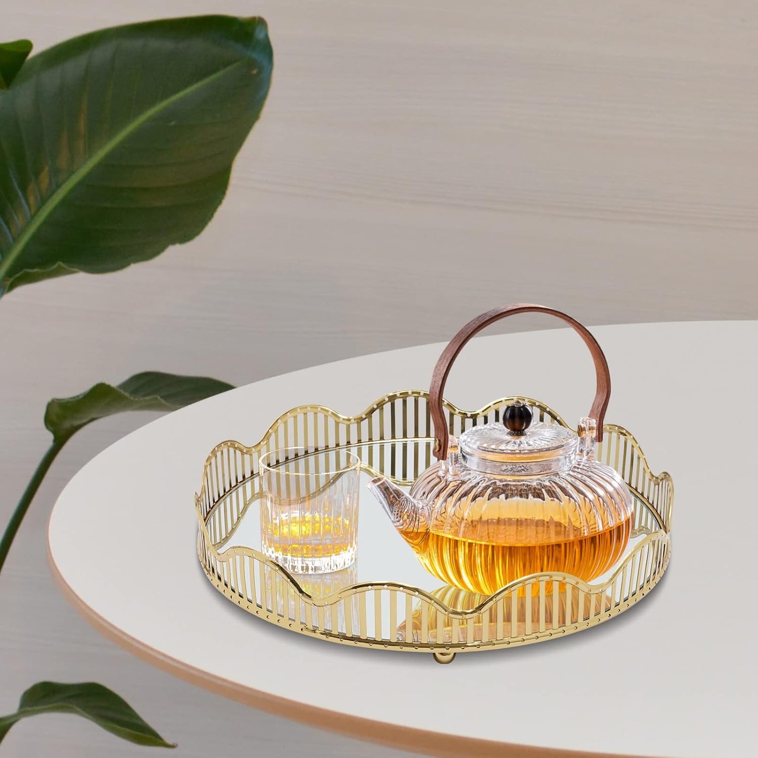Gold Tray12.4 * 2.36 Glass MirrorCurve decorativeCenterpieces Perfume Holder Decorative Organizer and Storage Makeup Bathroom Tray Home Vanity for Dresser Coffee Table Bedroom Living Room (Round)