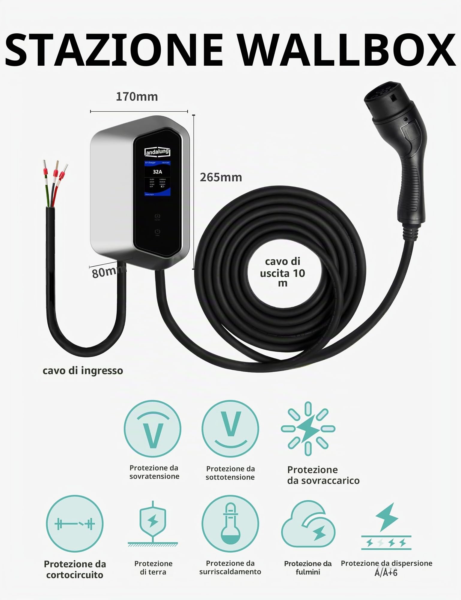 Caricatore EV 7kW, 200-250V monofase, tipo 2, 6-32A, cavo da 10 m, Controllo tramite APP via Wi-Fi, IP65, adatto per tutti i veicoli elettrici