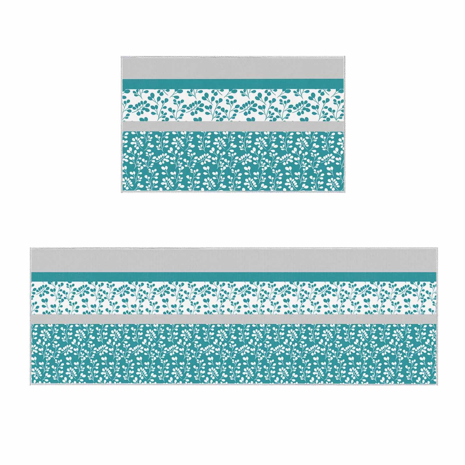 2 Pieces Kitchen Rugs and Mats,Watercolor Gradient Flower Leaf Area Runner Rug Set Non Slip Floor Doormat Washable Carpet Standing Mat for Kitchen Sink Indoor Corridor,Farmhouse Cyan Grey Stitching