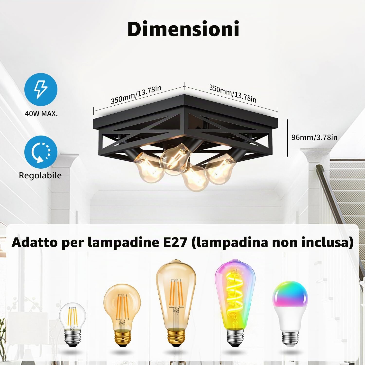 LVWIT Faretti LED Soffitto Nero, Plafoniere da Soffitto Rustica con 4 Luci, Lampada Soffitto Camera da Letto E27, Faretti Soffitto Orientabili per Soggiorno, Fattoria, Cucina, 35CM (Senza Lampadina)
