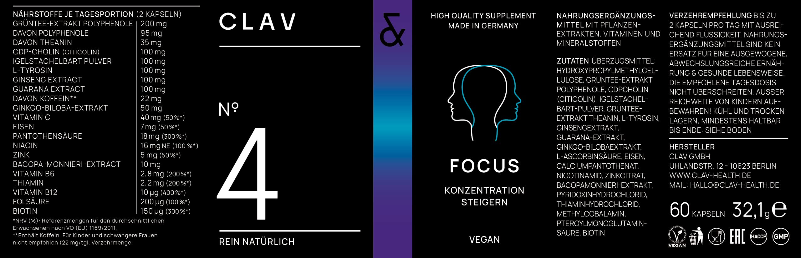 CLAV® N°4 FOCUS – Nootropic mit CDP-Cholin, Hericium, Brahmi, Ginkgo & Vitamin B-Komplex – Für Konzentration & mentale Leistung – 60 vegane Kapseln – Made in Germany