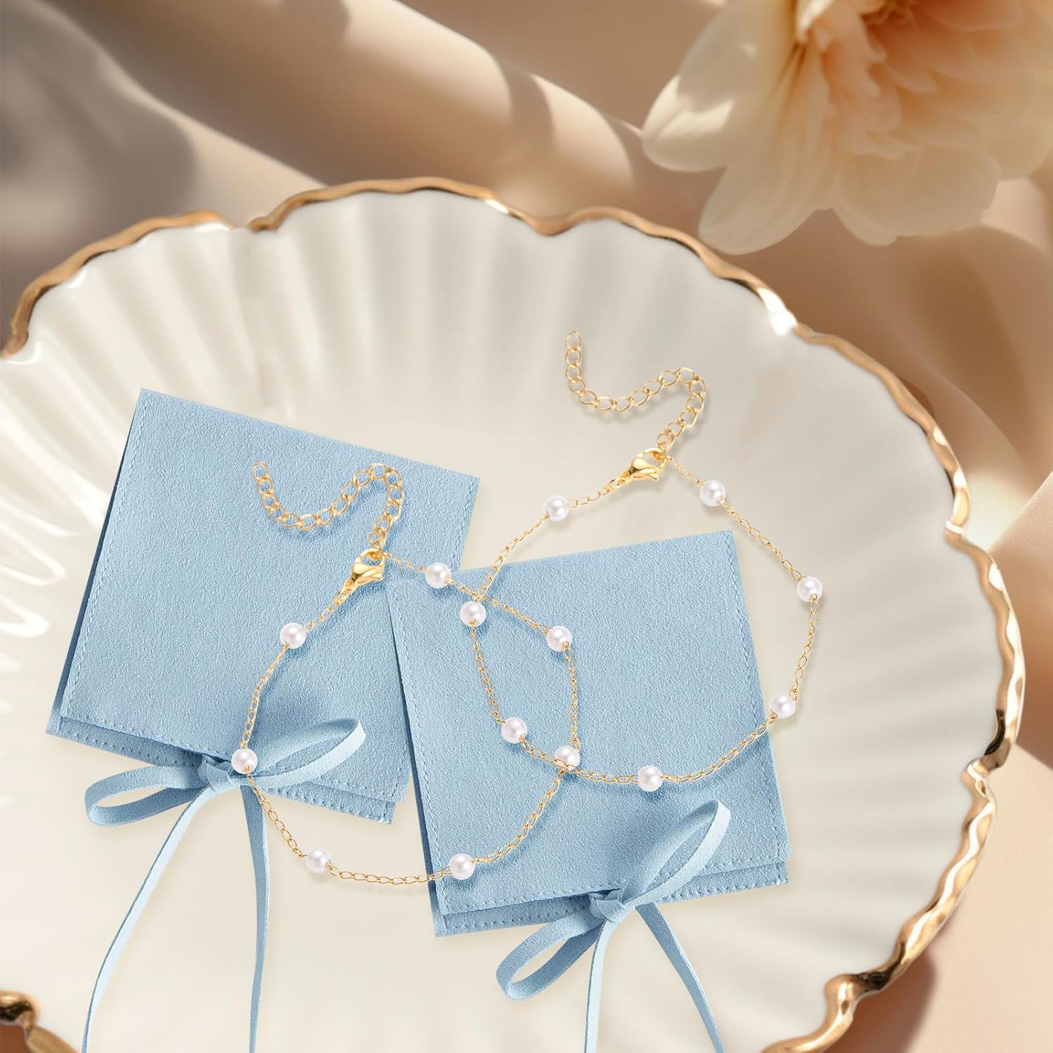 8Pack Bridesmaid Proposal Gifts Bridesmaid Bracelets & Microfiber Jewelry Pouches Gold Pearl Bracelets for Women Microfiber Jewelry Bags Brides Gift for Wedding Bridal Shower - Image 7