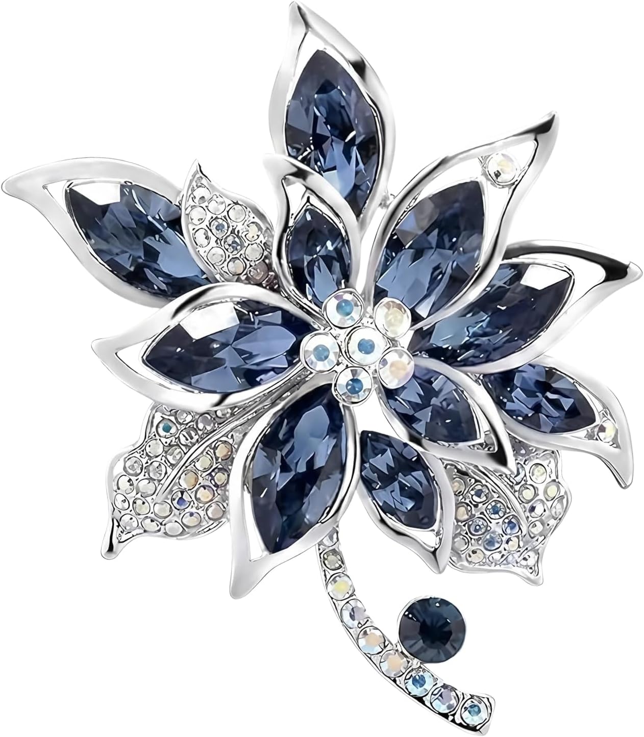 Crystal Flower Brooch Pin for Women Silver Rhinestone Floral Badge
