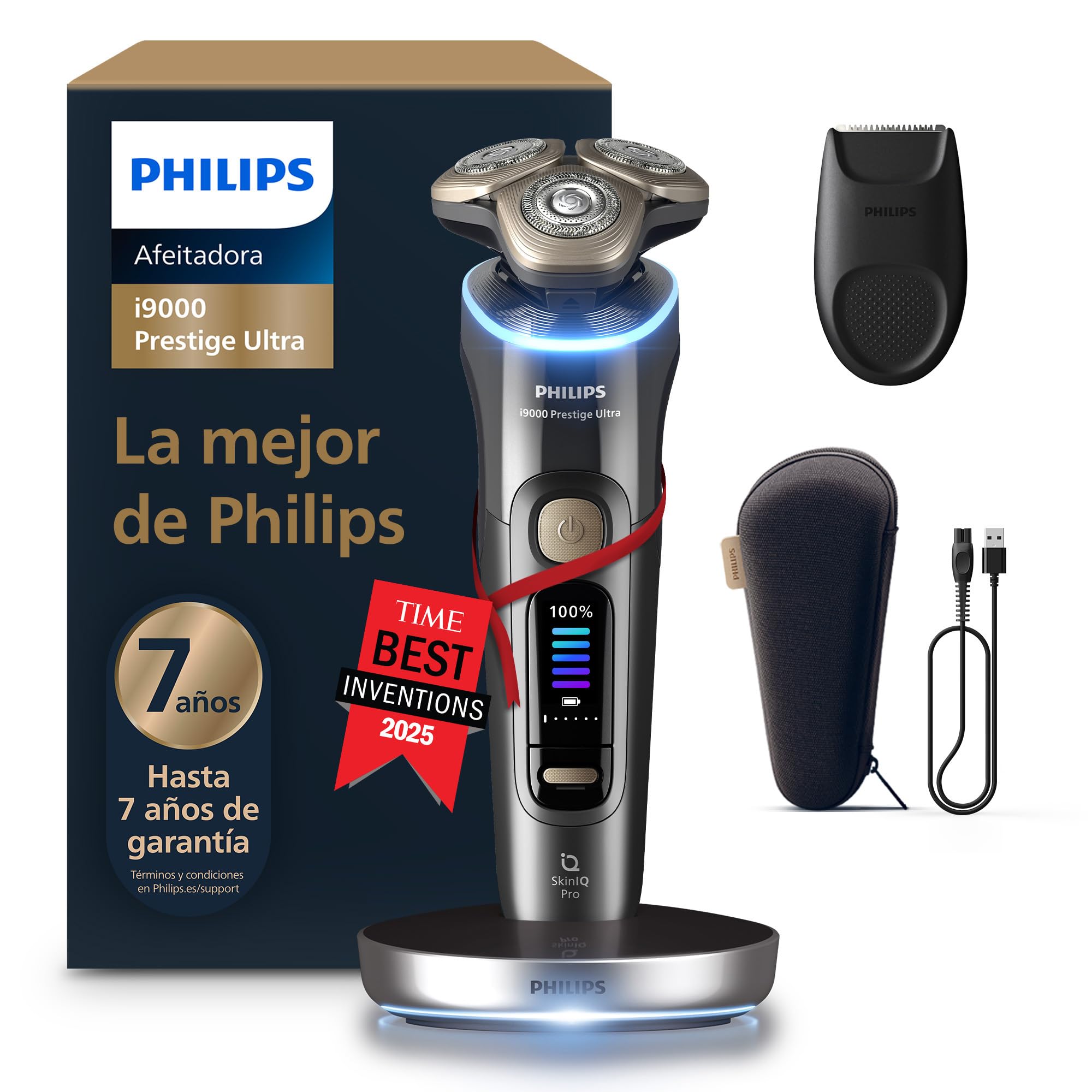Philips i9000 Prestige Ultra, Afeitadora Eléctrica Hombre, Máquina de Afeitar Barba en Seco y Húmedo, Tecnología SkinIQ Pro, Base de Carga, Recargable, Estuche, XP9402/11