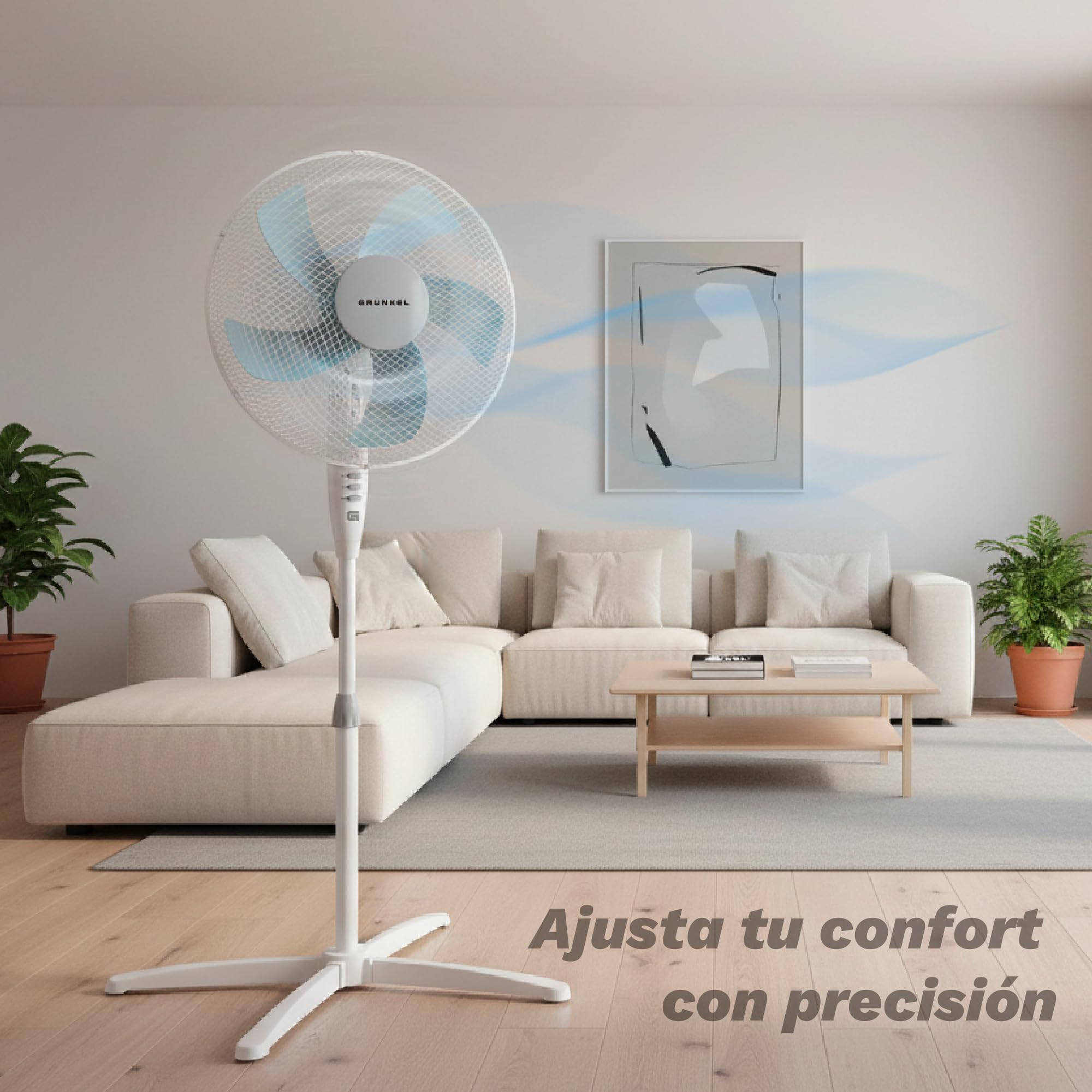 Grunkel Ventilador de Pie FAN-165 de 50W- 16" 40cm de diametro con 3 Velocidades y 5 aspas, Altura Regulable hasta 118cm. Cabezal inclinable, oscilación 90° y cable de 1,4m - 50W (Blanco)
