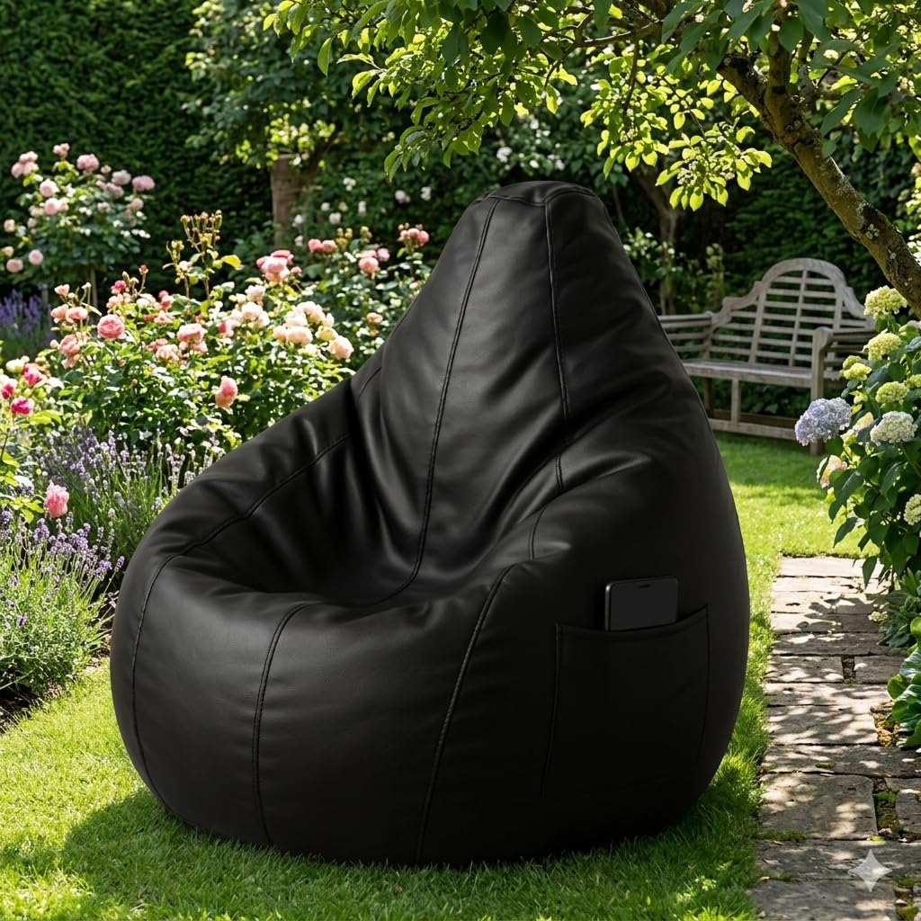 Bean Bag Cover Only | Premium Leatherette Ergonomic Gaming Bean Bag Chair Cover with Mobile Pocket & Double Stitching, No Filler Color Black Size XL-image-17