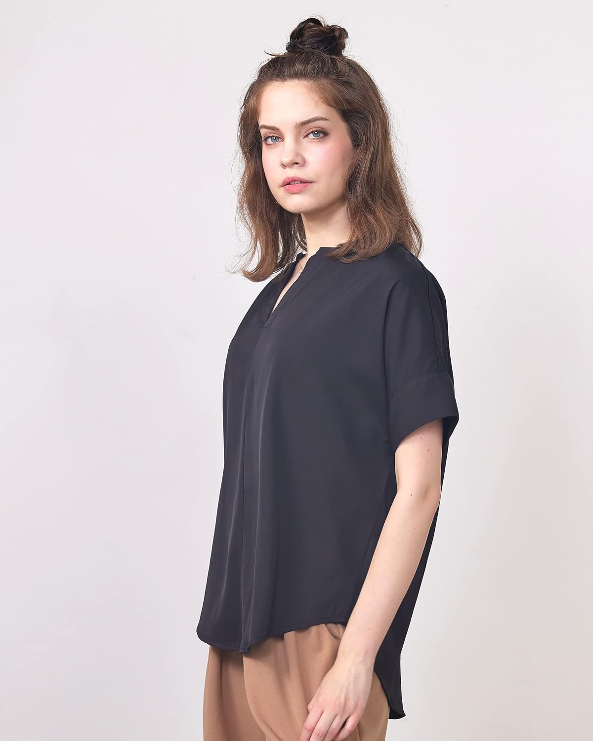 V-Neckline Dolman Short Sleeve Blouse Top - Image 3