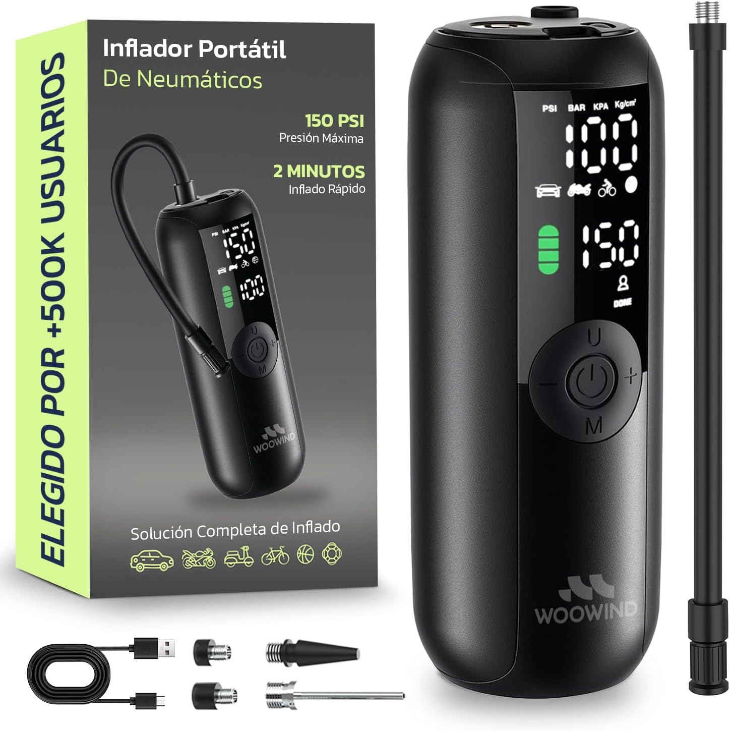 Woowind Compresor Aire Portatil 150PSI/10,3Bar, Bomba Bicicleta, Inflador Ruedas Coche, Inflado en 1 Minuto, Hinchador Ruedas Coche, Bici, Moto y Balones, Apagado Automático, Pantalla LCD Linterna LED