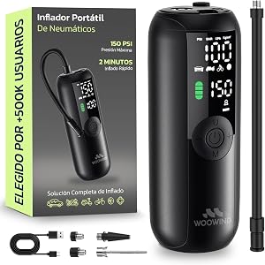 Woowind Compresor Aire Portatil 150PSI/10,3Bar, Bomba Bicicleta, Inflador Ruedas Coche, Inflado en 1 Minuto, Hinchador Ruedas Coche, Bici, Moto y Balones, Apagado Automático, Pantalla LCD Linterna LED