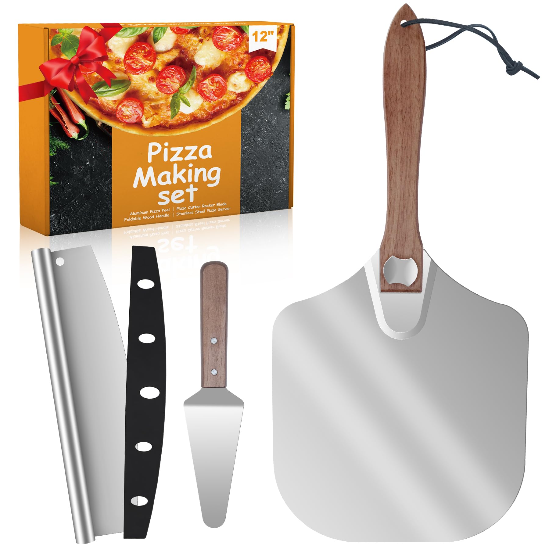 Aluminum Pizza Peel 12x14" With Foldable Wooden Handle - Metal Paddle, Rocker Cutter, and Server for Pizza Oven (Gift-Ready)