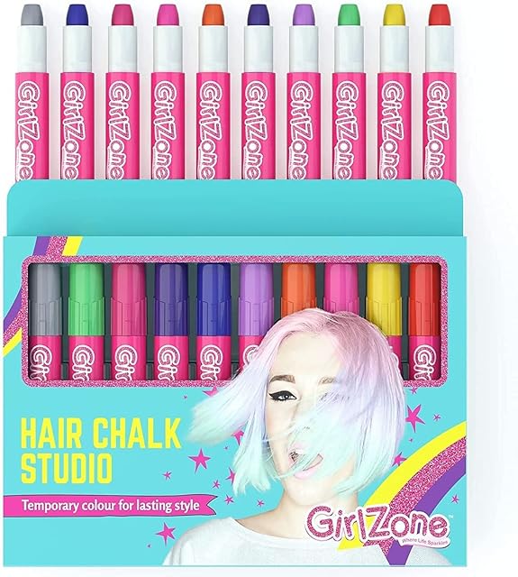 GirlZone Hair Chalk Studio, 10-Piece Temporary Hair Chalks Set, Easy to Use and Safe for Kids, Fun Toys for Girls & Gifts for 10 Year Olds Girls