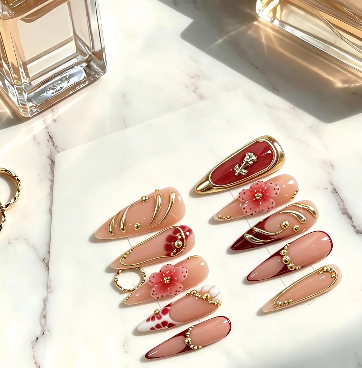 Handmade Stiletto Press On Nails,Red Gold Metal Rose 3D Flower M