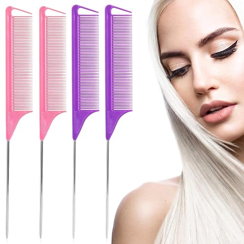 Miniatura 2 de Peine de cola de rata, peine de separación, juego de peines de metal largos de acero para estilistas, peines para cabello para mujeres (4 paquetes,