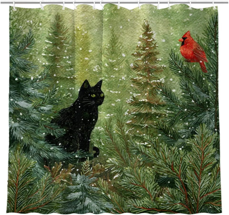 Black Cat with Cardinal Bird Winter Shower Curtain Snow Tree Christmas Bath Curtain Home Bathroom Decor 72x72 Inch with 12 Hooks