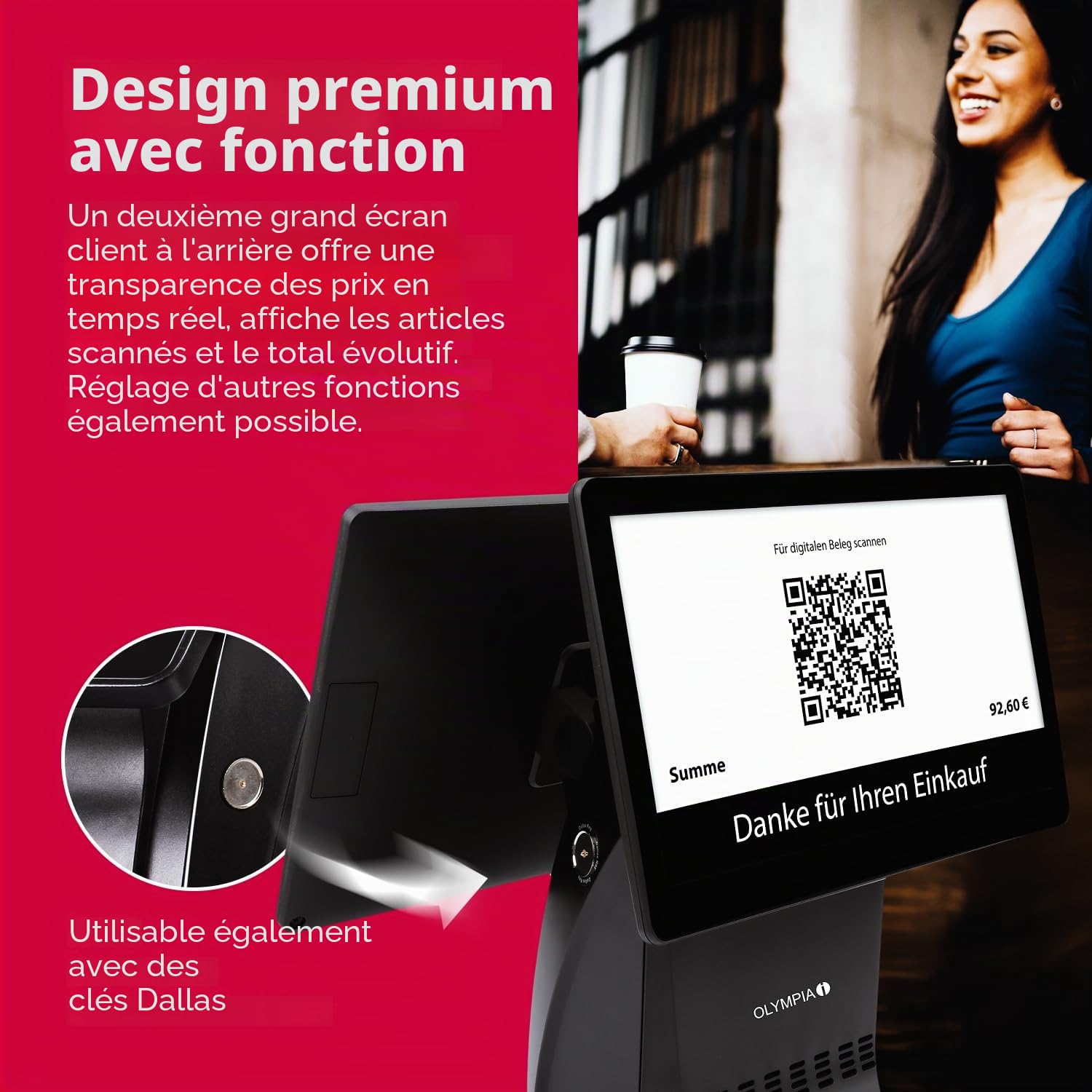 Olympia T215DK Caisse enregistreuse pour la restauration et le commerce | Système de caisse électronique avec écran tactile | Écran tactile 15" | Caisse enregistreuse TSE | Imprimante thermique et