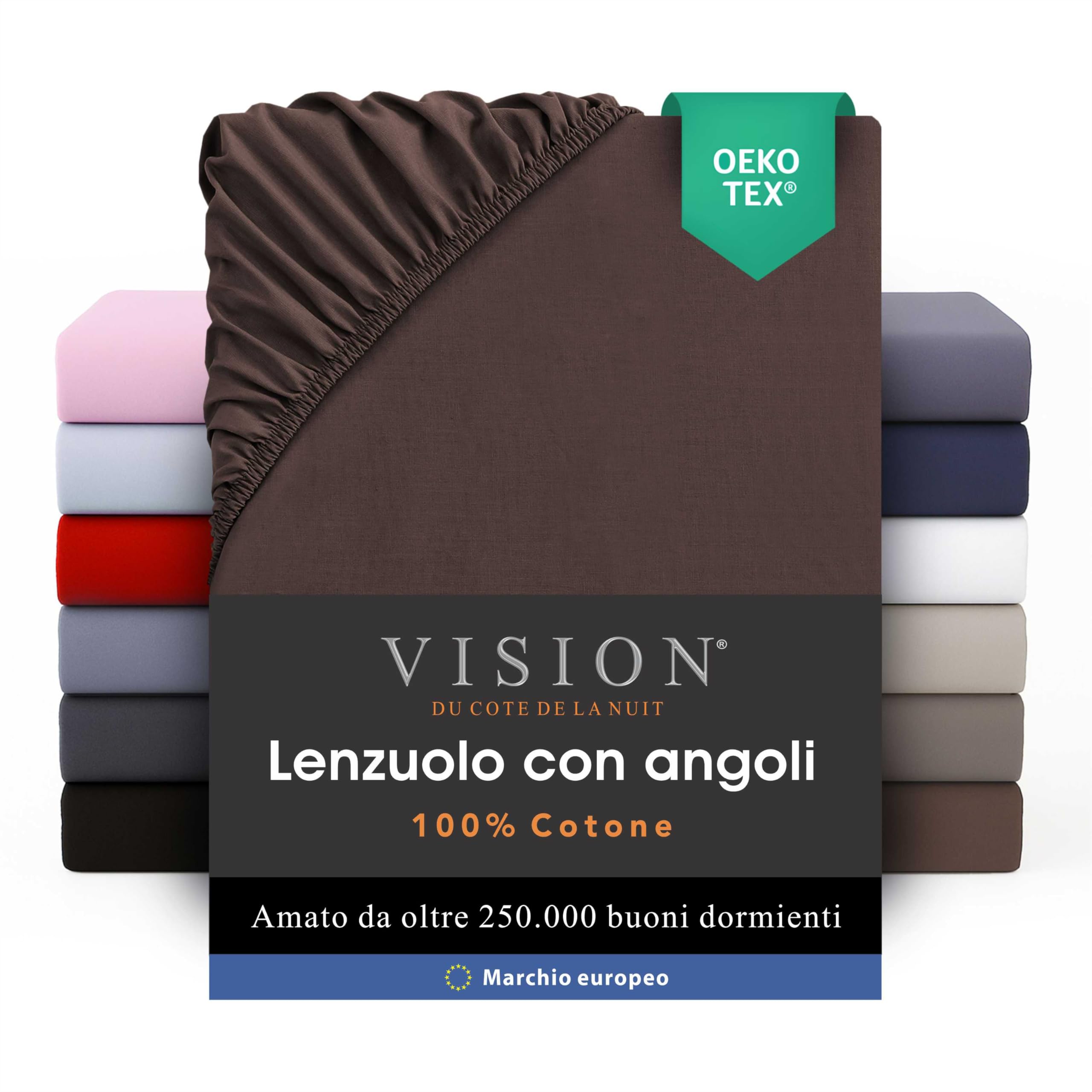 VISION Lenzuolo con angoli - 100% cotone - Letto matrimoniale (180 x 200 cm) - Angoli elasticizzati - Adatto a materassi fino a 30 cm - Certificato Oeko-Tex - Lavabile in lavatrice - Colore: marrone