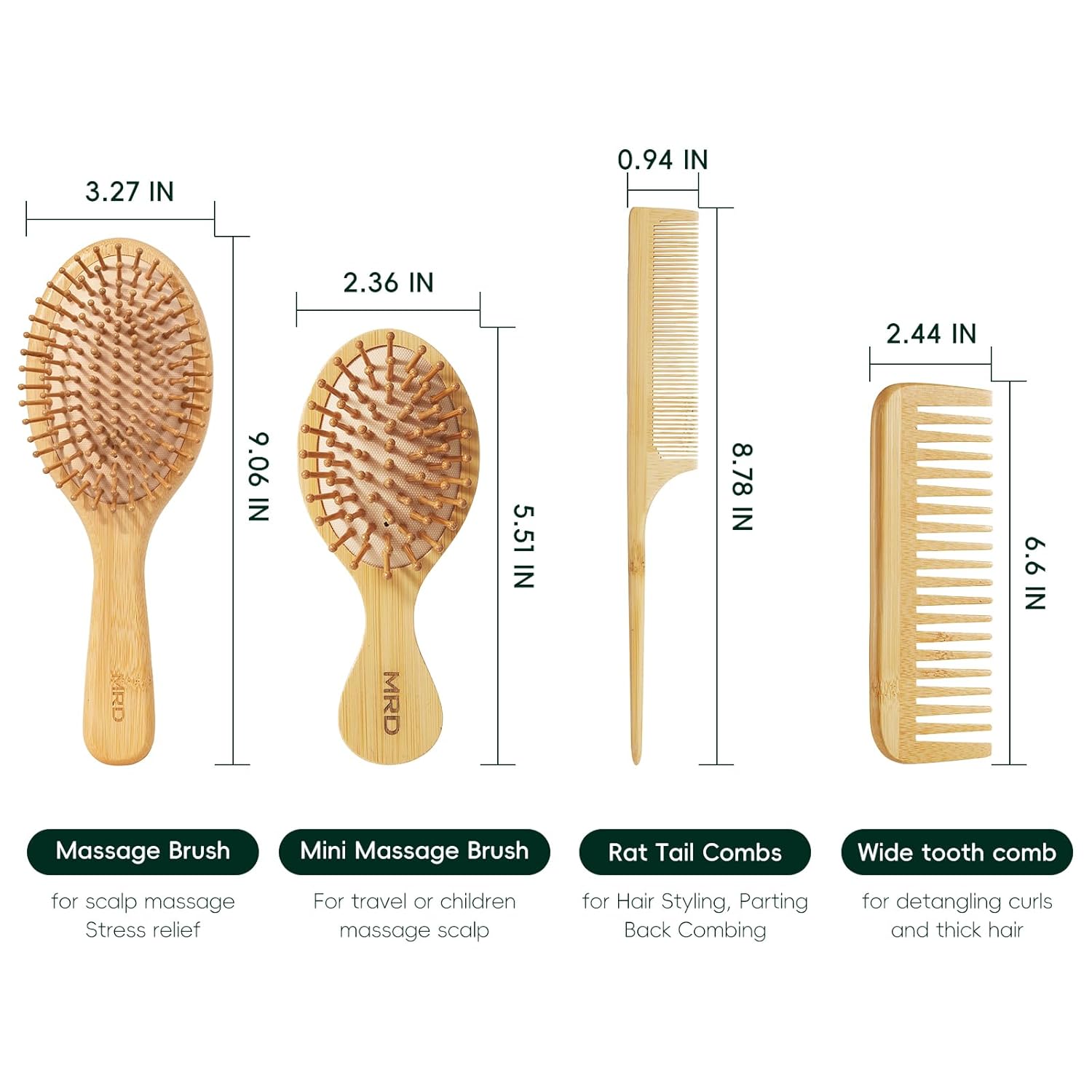 MRD Bamboo Hair Brush Set, 4-Piece Detangling Hairbrush and Comb Kit, Paddle Brush for Women Men Kids, All Hair Types-Gift Box - Image 8