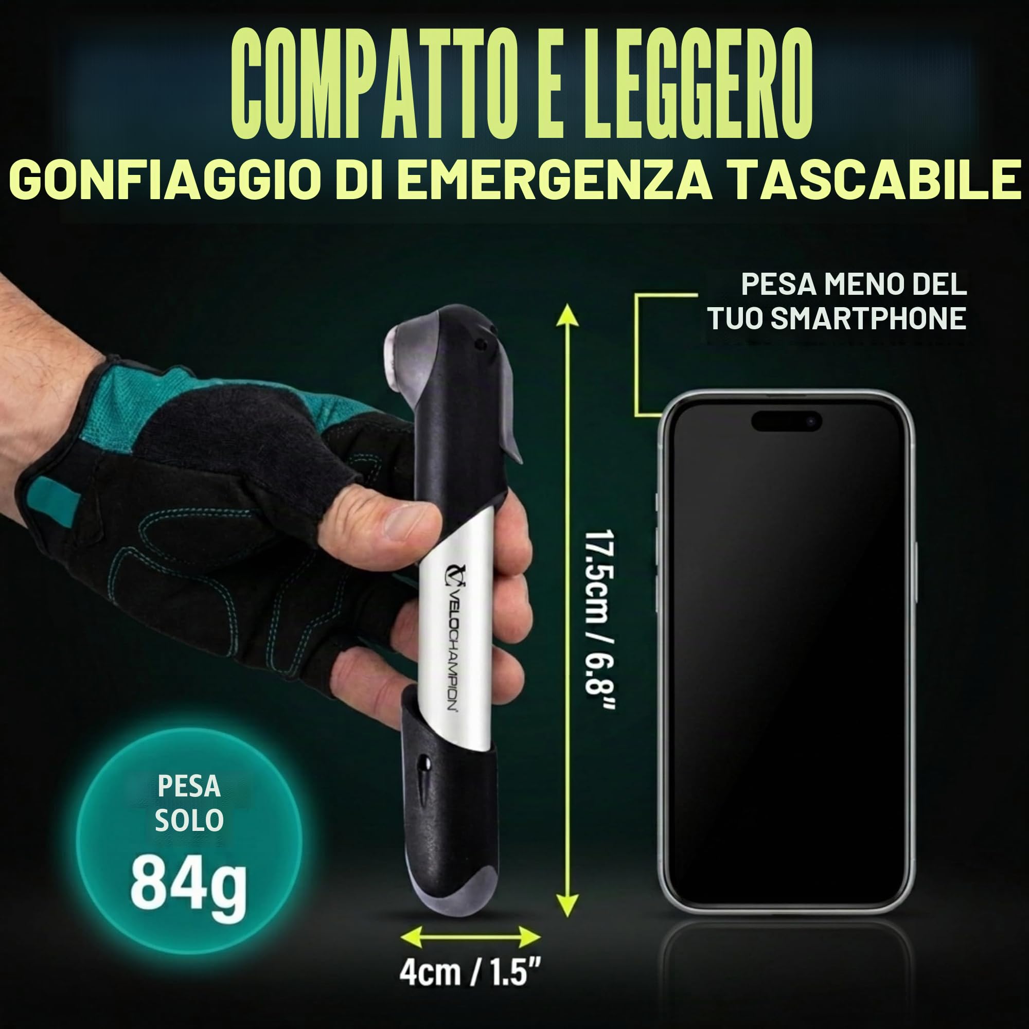 VeloChampion Mini pompa da bicicletta portatile per valvole Presta Schrader Dunlop MTB strada BMX
