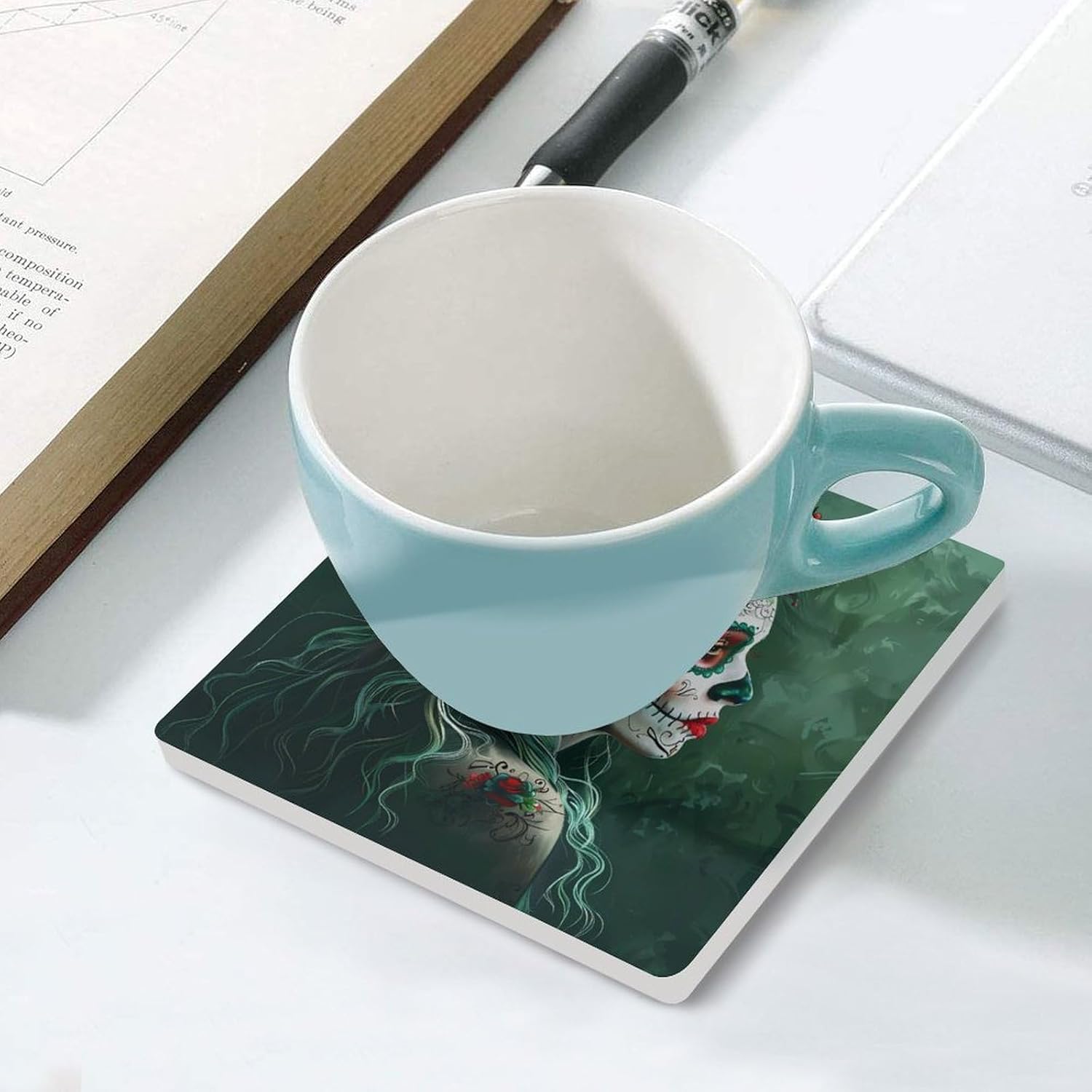 Day of The Dead Floral Skull Goth Coaster for Drinks Square Ceramic Table Coasters Stone Mat Crafts 6PCS Home Kitchen Decor