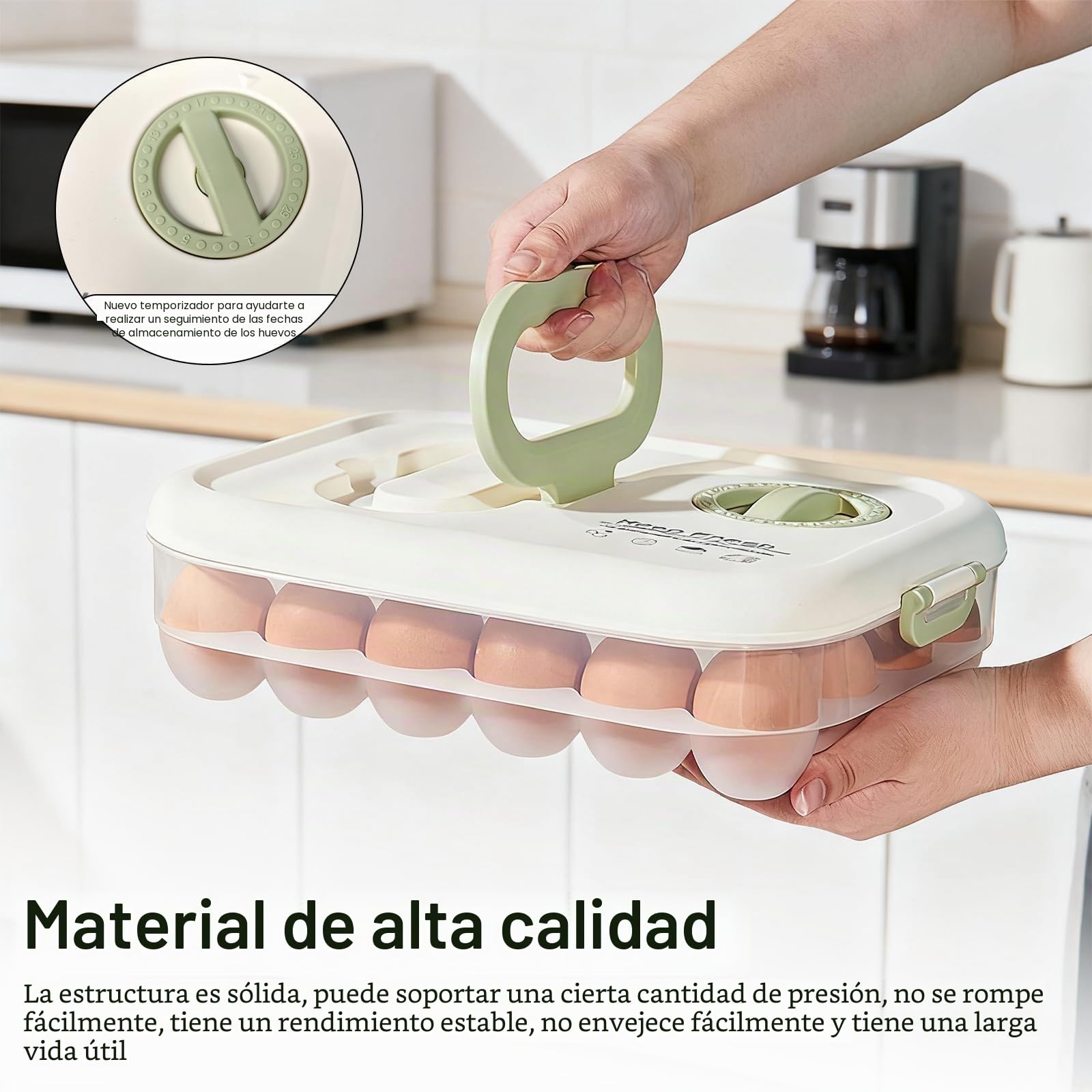 Huevera para frigorífico, caja de huevos de plástico con temporizador, 24 compartimentos, caja de almacenamiento portátil para huevos, caja de huevos con tapa, para refrigerador de cocina
