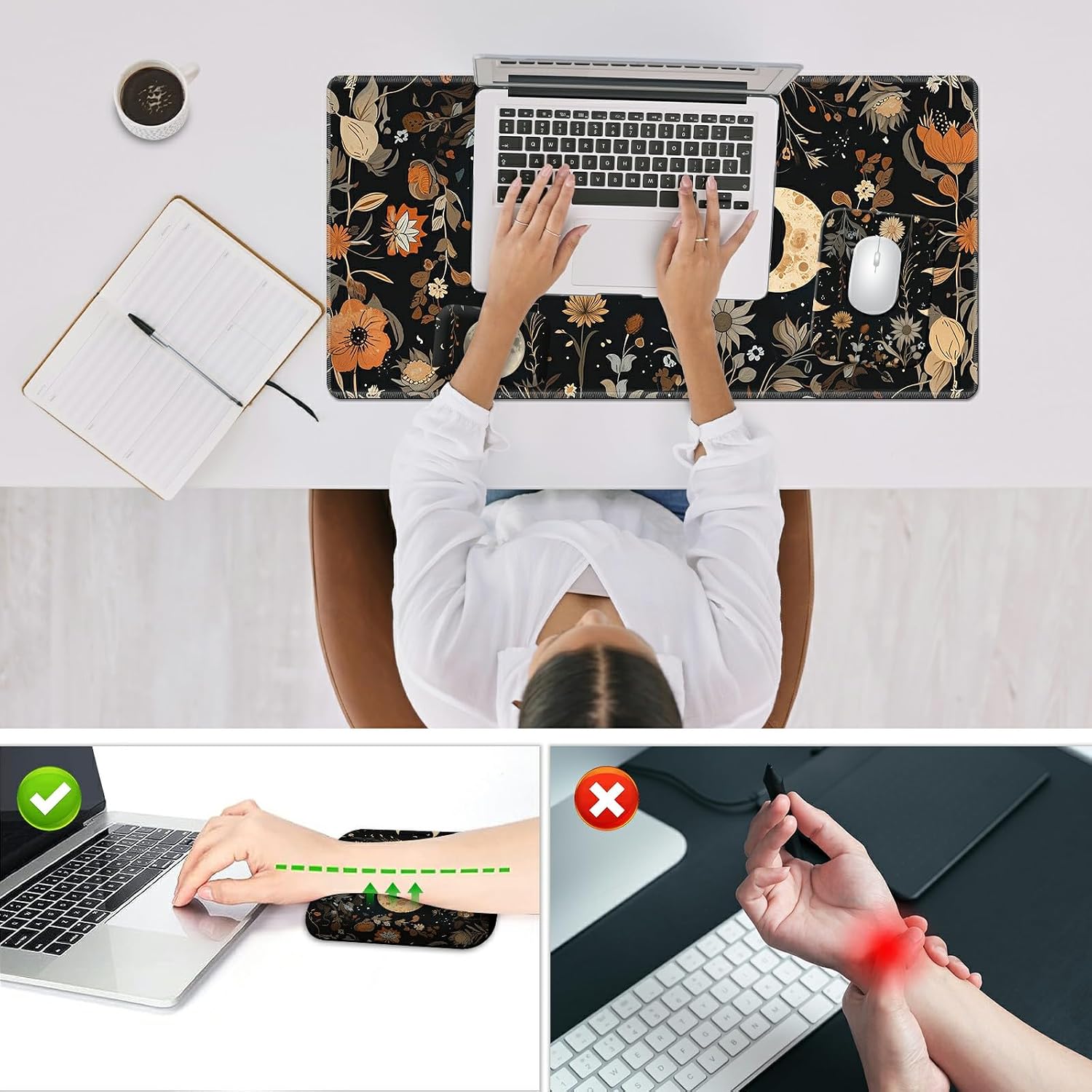Wrist Rest Pad Small Mouse Pad and Office Desk Mat Set, 3 in 1 Desk Pad 11.8" x 23.6"+Mousepad +Mouse Wrist Rest with Ergonomic Design Non-Slip for Home Gaming Computer, Flower Moon
