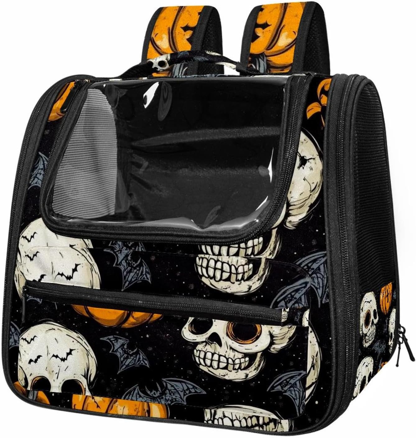 Portable Travel pet Backpack Carrier Hamster Bag Small Dog cat Carrier Breathable Hang Bag, Halloween Skulls Pumpkins Bats
