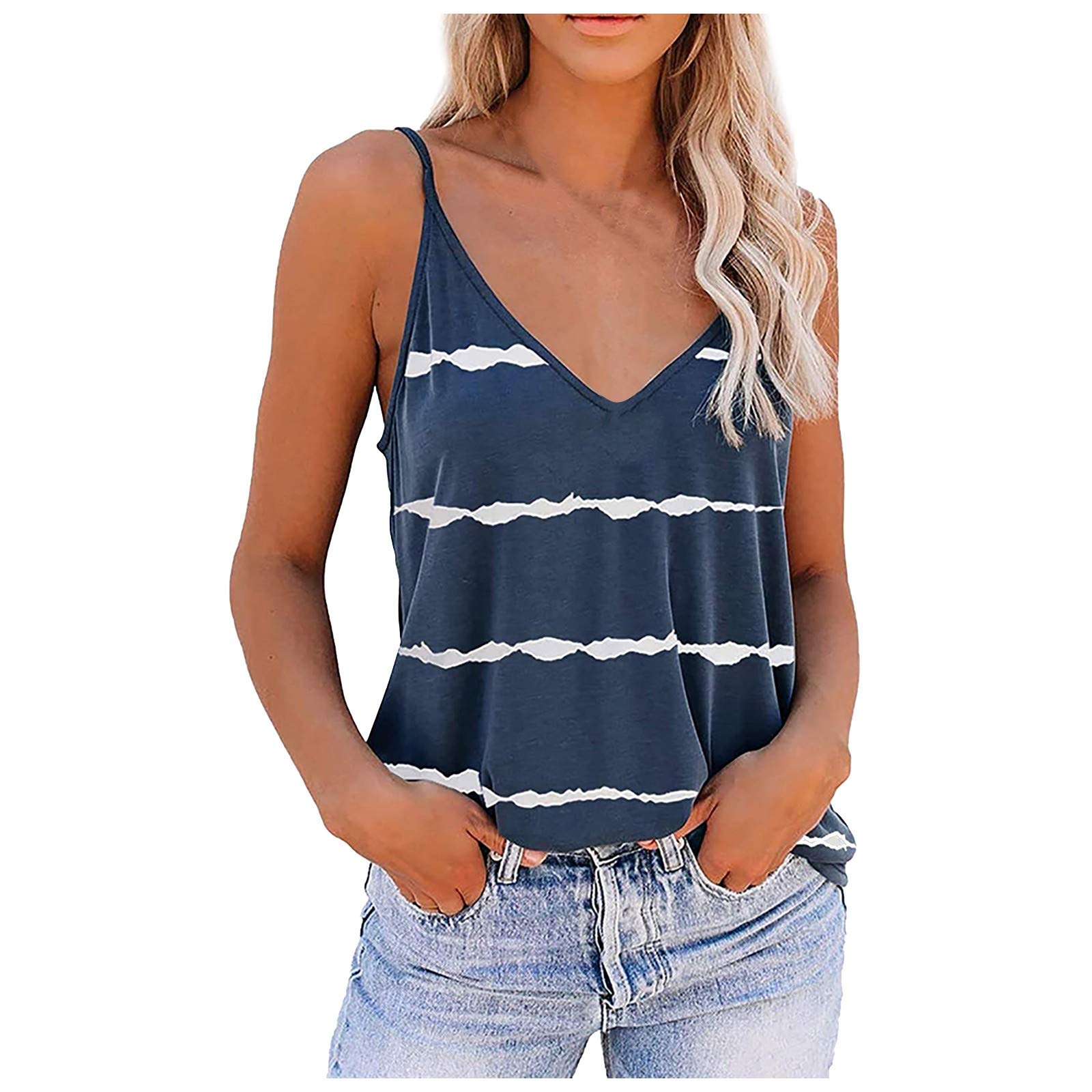 VEMOW Camiseta sin Mangas Camisola Chaleco para Mujer Cuello en V, Girl Estilo Y2K Tank Camisa Estampado de Rayas Casual Suelta Camiseta de Playa Blusa De Verano Camisetas De Tirantes