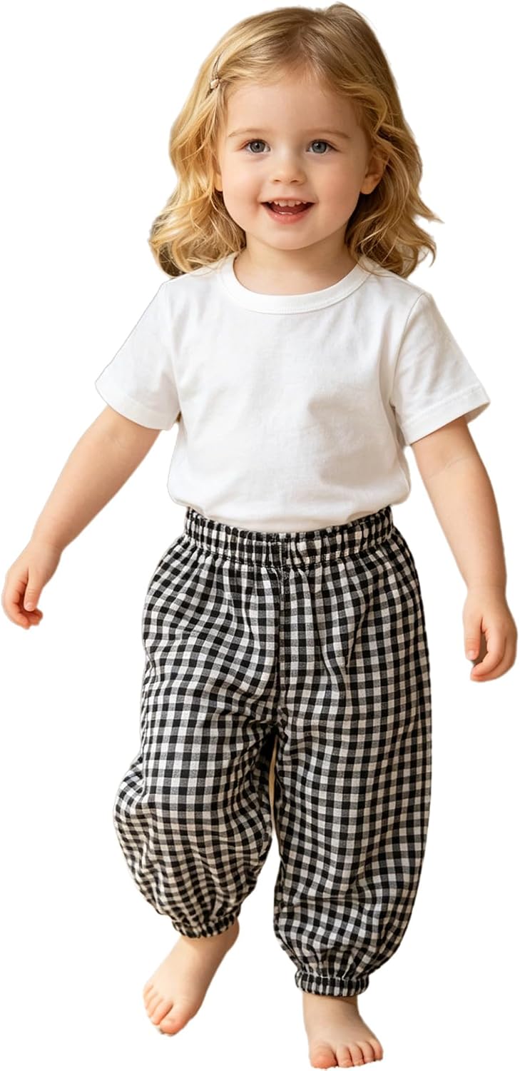Oyolan Toddler Girls Gingham Pants Loose Fit Harem Trousers Plaid Joggers Casual Sweatpants for Beach