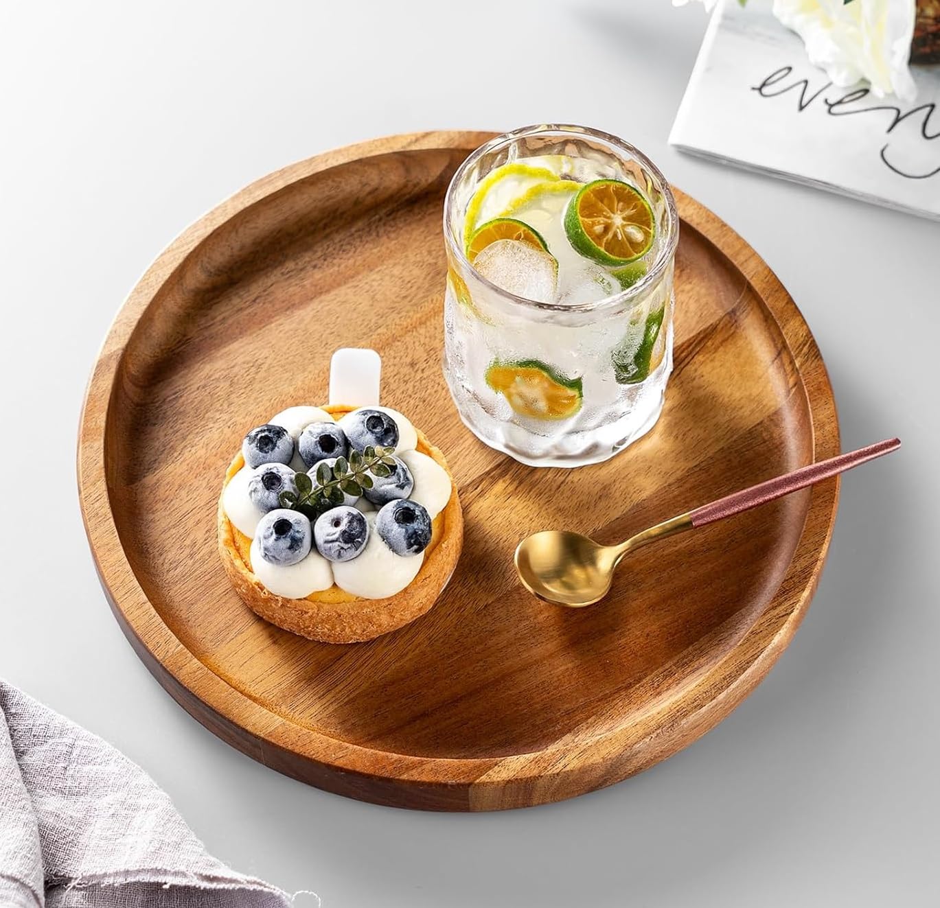 Craft Mshopr Rustic Round Wooden Serving Tray - Medium 11x11x1 inch - Natural Wood Finish - Handcrafted Brown Serving Tray for Dining Table, Kitchen, and Entertaining - Cheese Board and Snack Tray