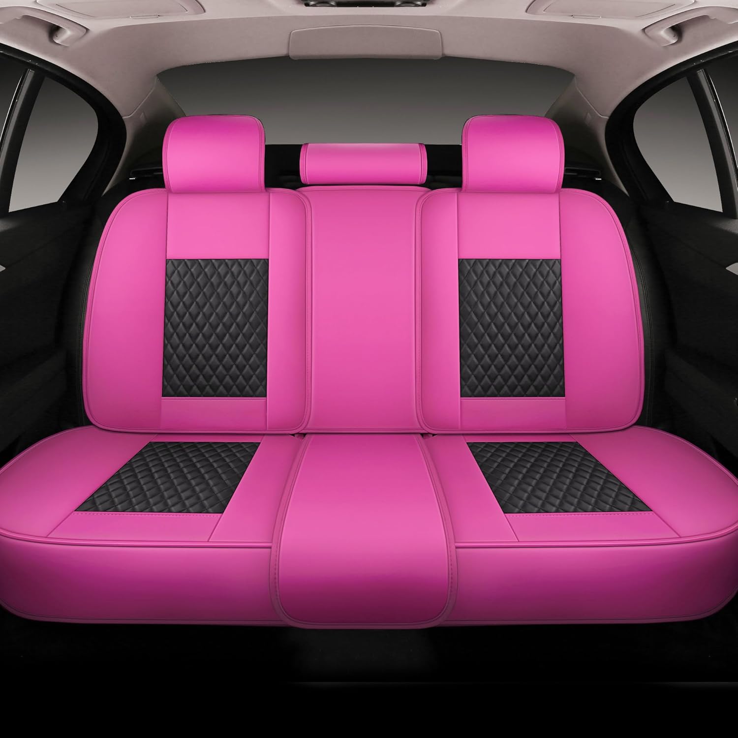 INZU Car Seat Cover 5-Seats Full Set Universal fit, Suitable for Most Cars, SUV, Airbags Compatible with Synthetic Leather Car Seat Cushion Protectors. (Black & Rose)