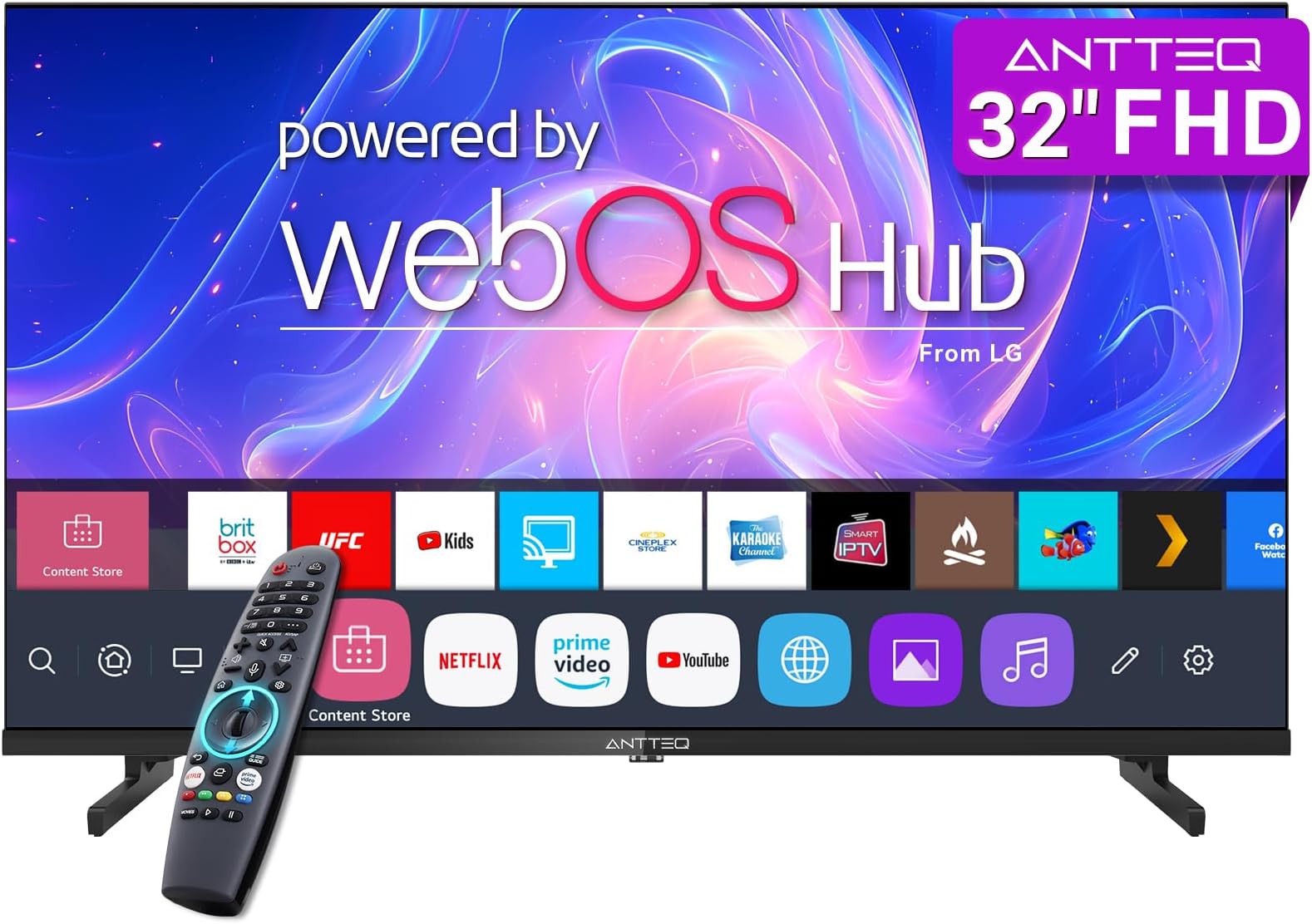 Antteq 32 Inch TV FHD Smart WebOS Television, 1080P MagiQ 32" with Full HD ThinQ AI, Voice Magic Remote Airplay, Apple TV+, Netflix, Freeview, YouTube, WiFi, Black Televisions