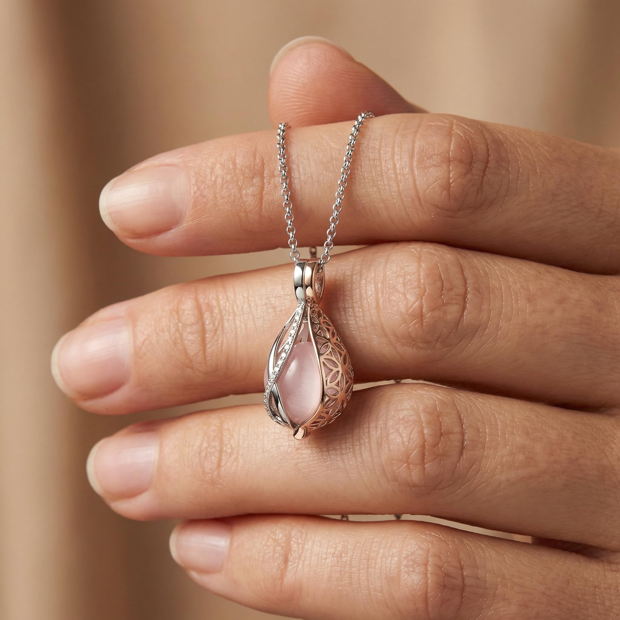 Engelsrufer Damen Halskette Himmelsträne Sterling Silber mit austauschbarem Kraftstein Anhänger Rosenquarz Bicolor, Karabinerverschluss, in drei Längen verstellbar, nickelfrei