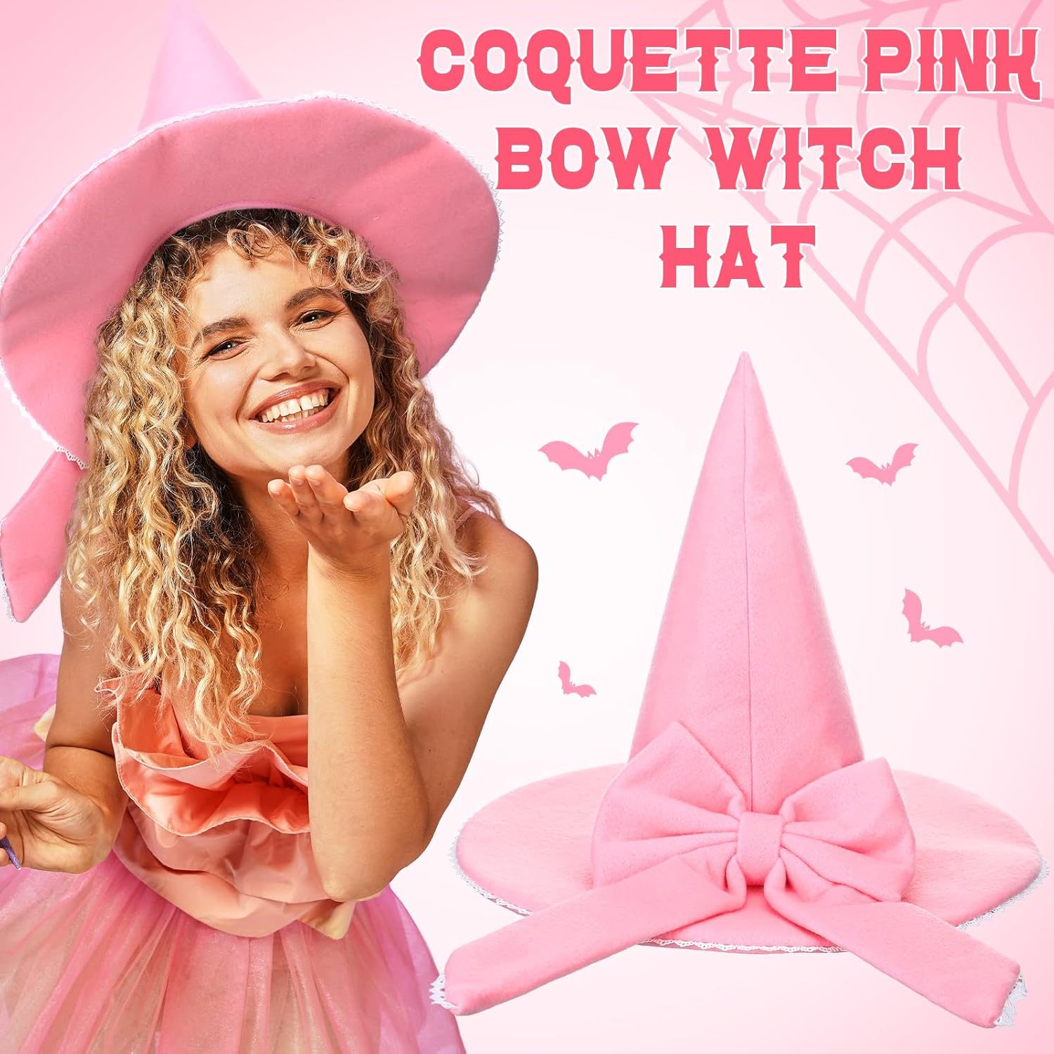 Pink Bow Witch Hat Accessories Halloween Pink Coquette Witch Wool Felt Hat for Women Wide Brim Wizard Cap for Halloween Costume Cosplay Masquerade Party Supplies