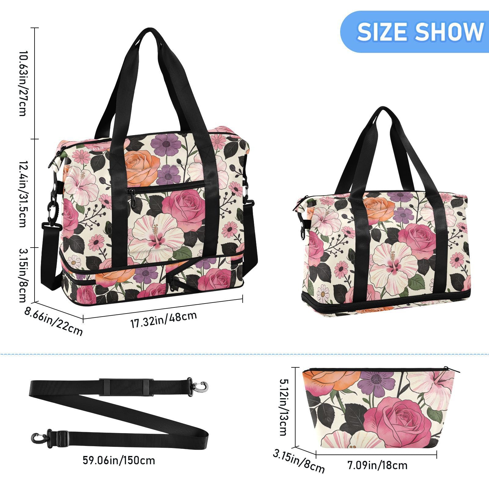 William Morris - Bolsa de viaje con bolsillo húmedo y correa ajustable, para viajes, juego de 2 piezas para hombres y mujeres