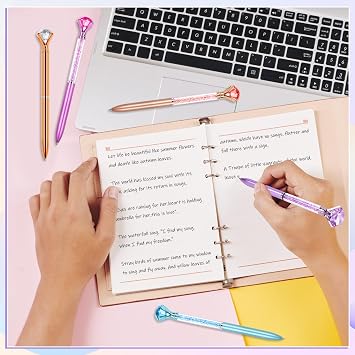 6 Diamond Pens with Crystal Top, Bulk with Black Ink Refill, for Office, School, Home