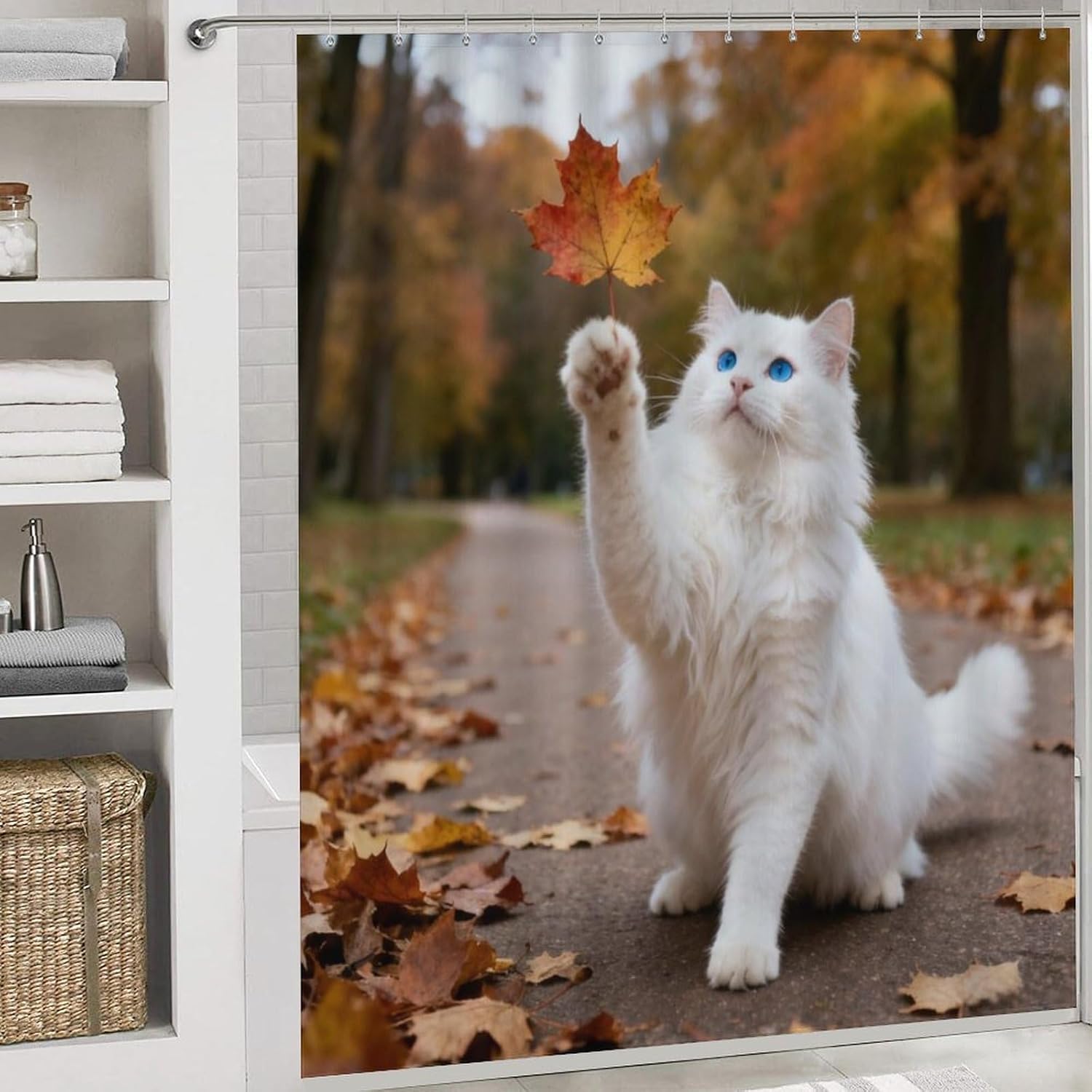 4 Piece Bathroom Rug Set with Shower Curtain, Non-Slip Bath Mat Toilet Cover Set, Playing Cat Bathroom Rug Sets