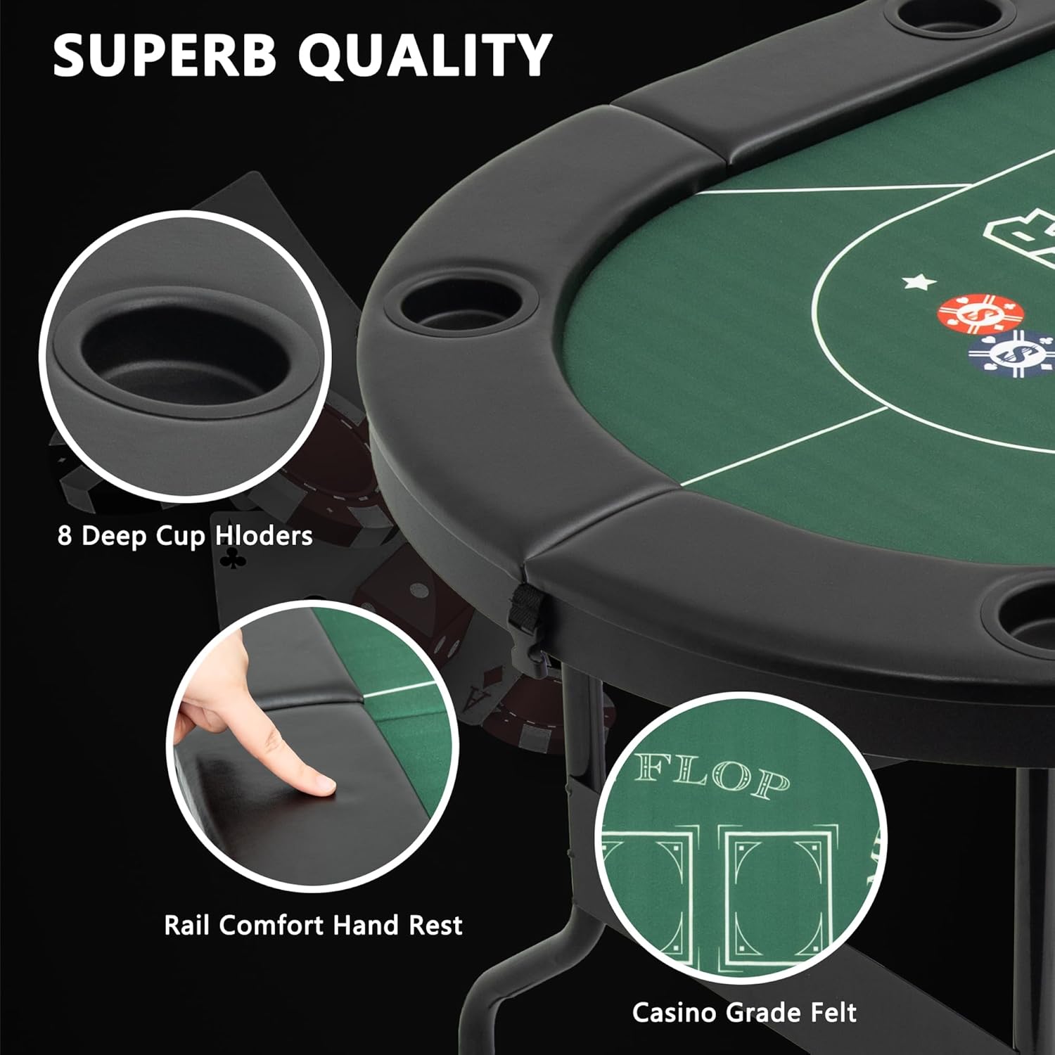 8 Player Folding Poker Tables, Texas Holdem Table with Padded Rails & Cup Holders, Foldable Casino Poker Table, Oval Blackjack Tables Foldable Leisure (Green)